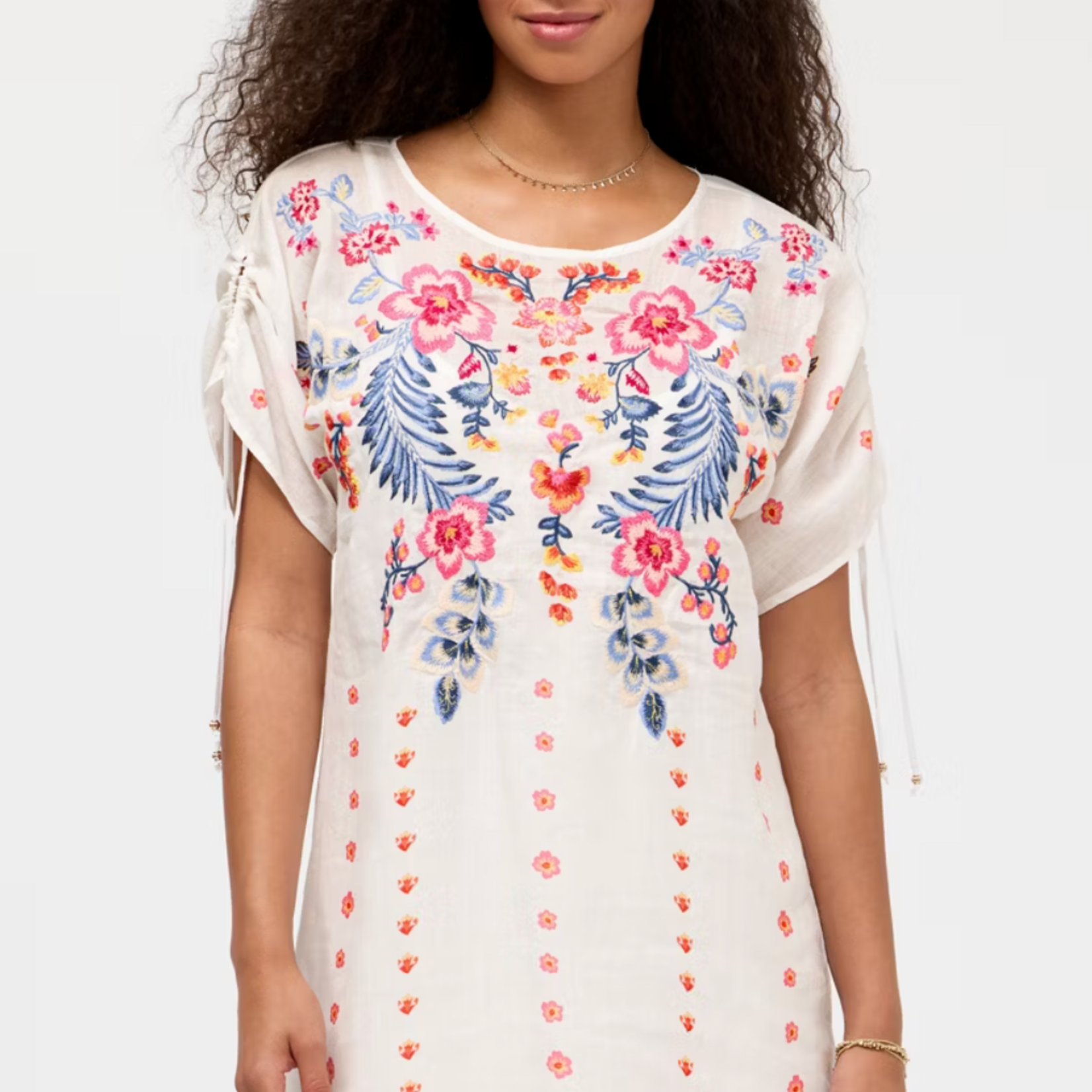 Johnny Was White Ruched Sleeve Dress
