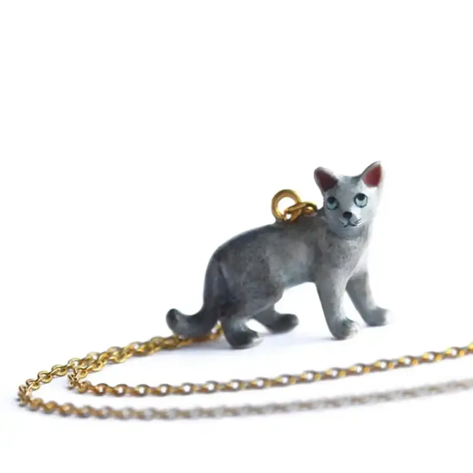 Camp Hollow Porcelain Animal Treasures Grey Cat Necklace