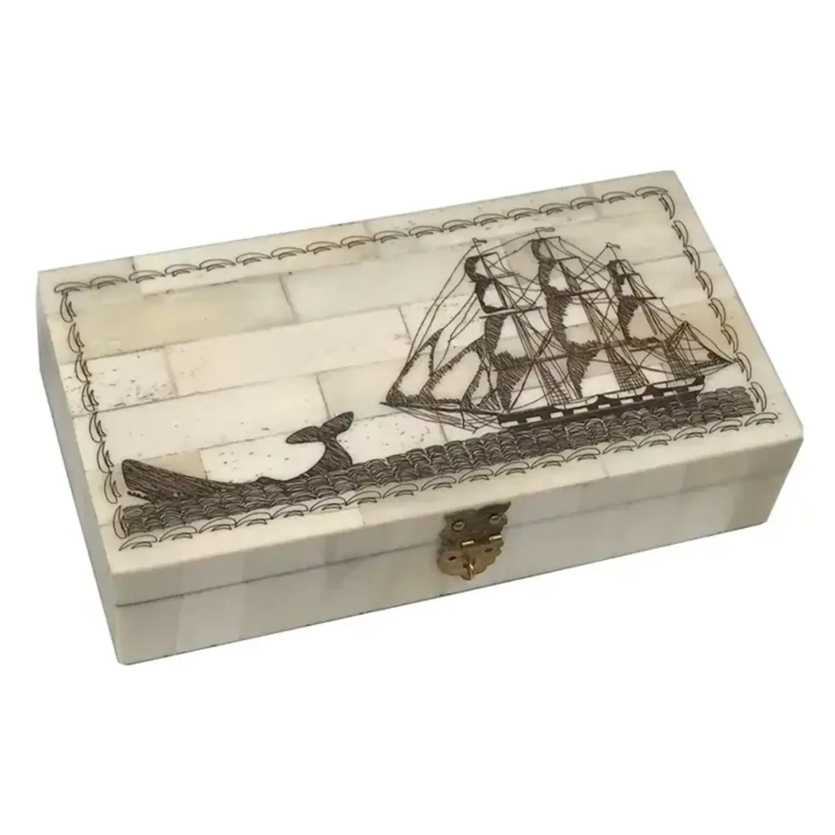 Madison Bay Co Engraved Whale Chase Scrimshaw Bone Box
