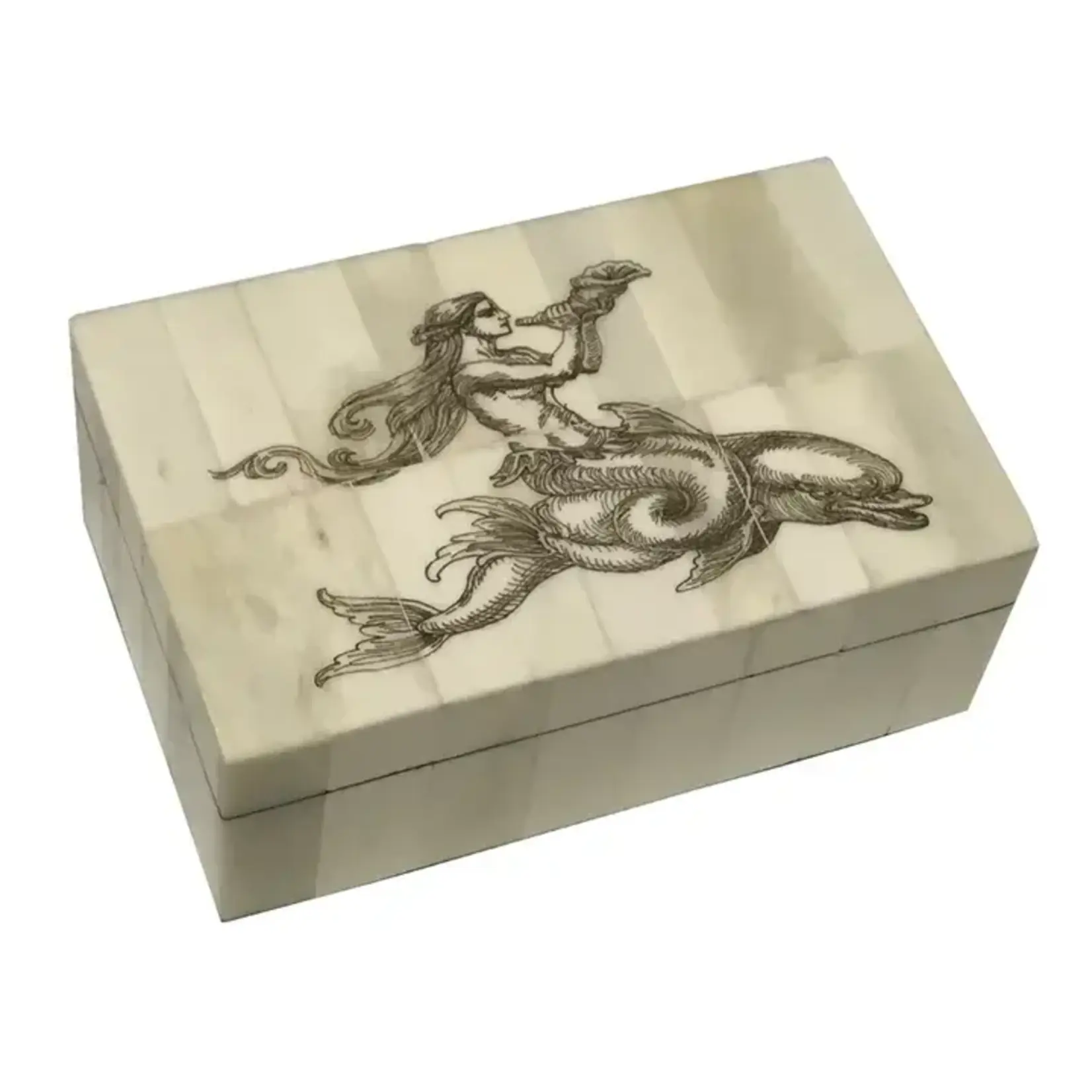 Madison Bay Co Mermaid On Dolphin Vintage Scrimshaw Bone Box