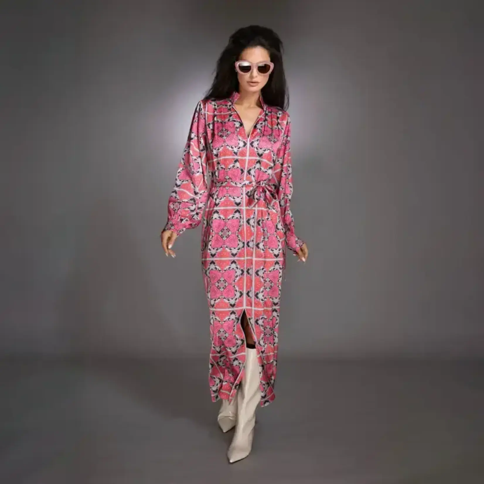 Nuvula Pink Satin Caftan Long Sleeve Maxi Dress