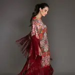 Nuvula Burgundy Fringed Floral Satin Long Kaftan Dress