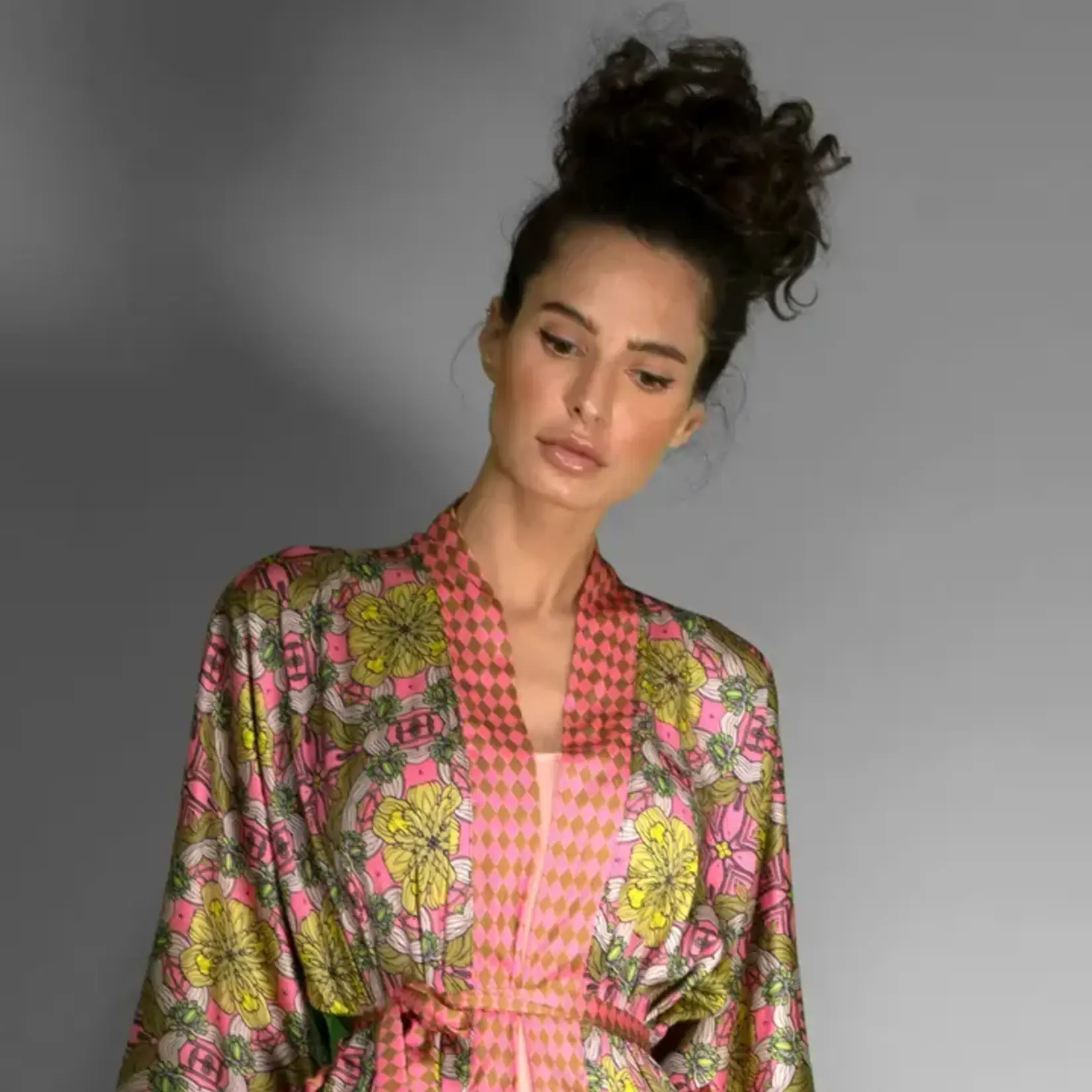 Nuvula Mustard Bloom Satin Kimono