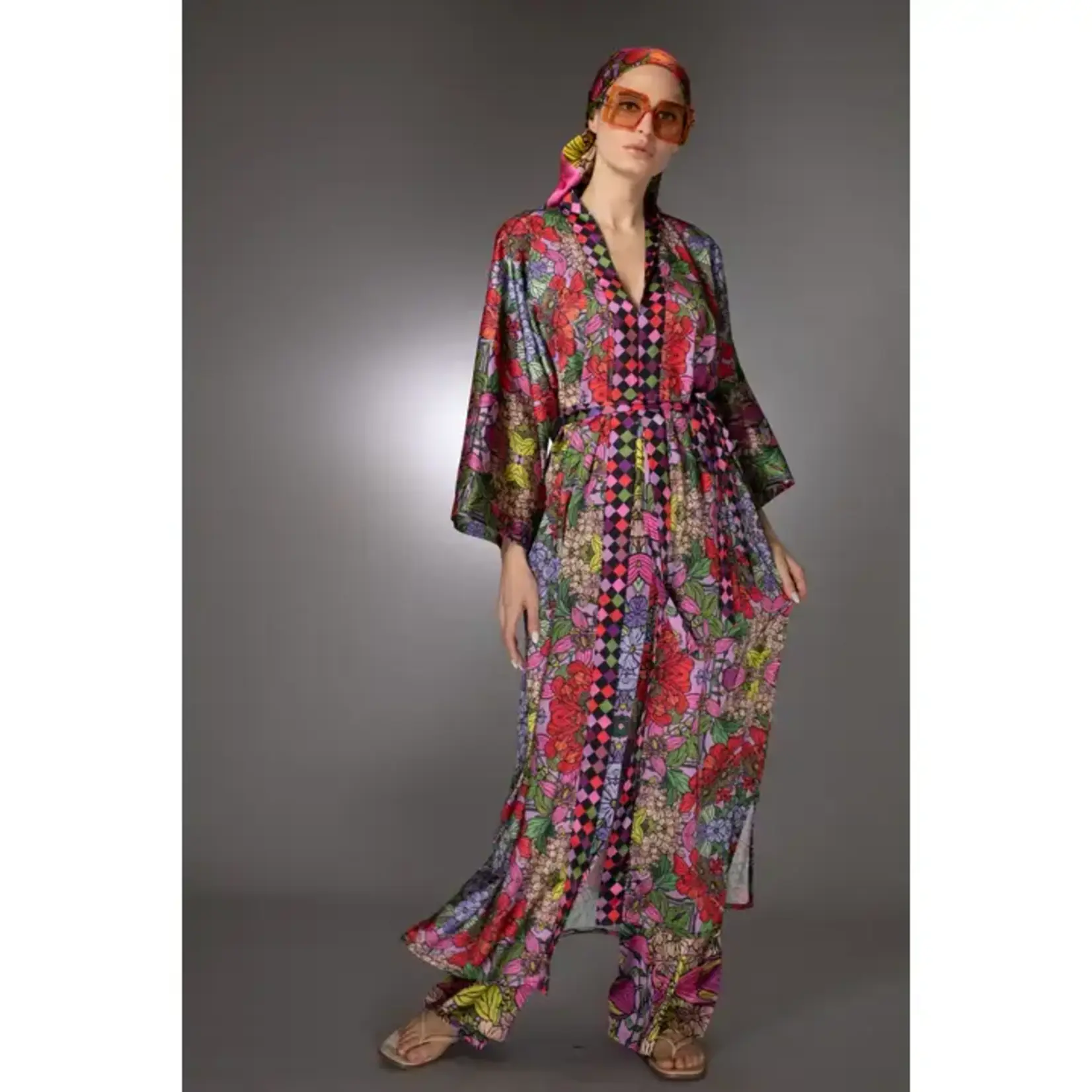 Nuvula Red Golden Duchess Floral Satin Kimono