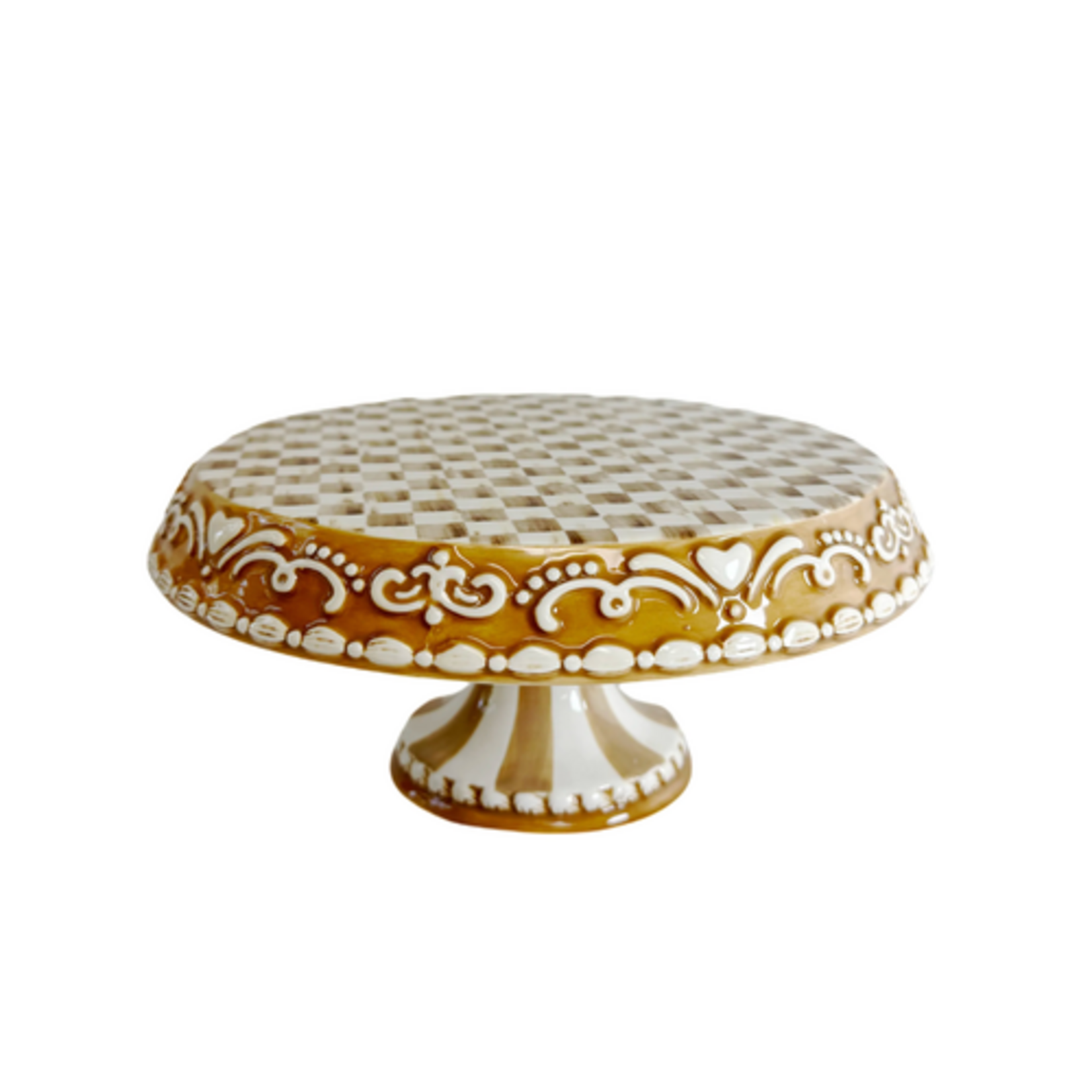 MacKenzie-Childs mocha check gingerbread small pedestal platter