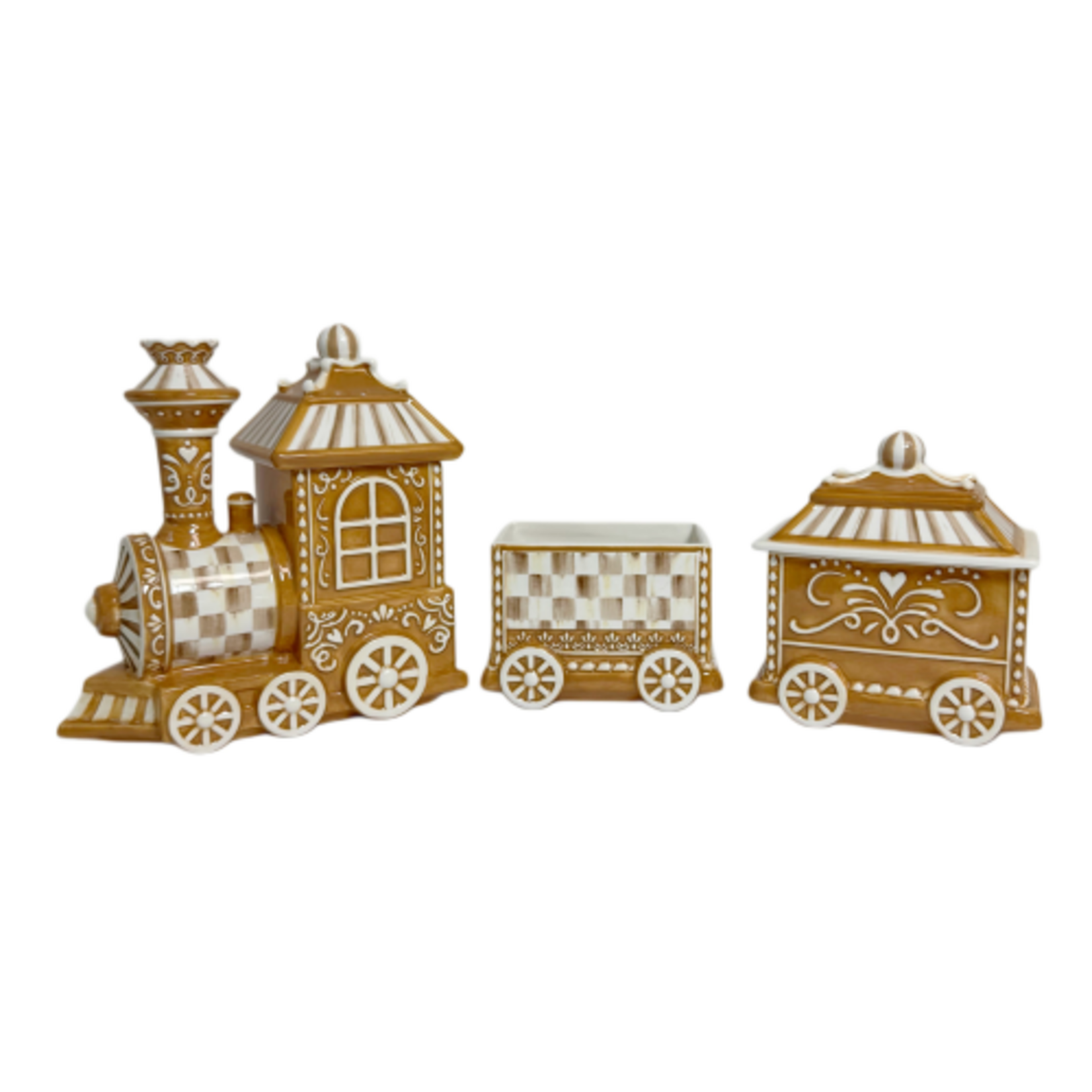 MacKenzie-Childs mocha check gingerbread train centerpiece