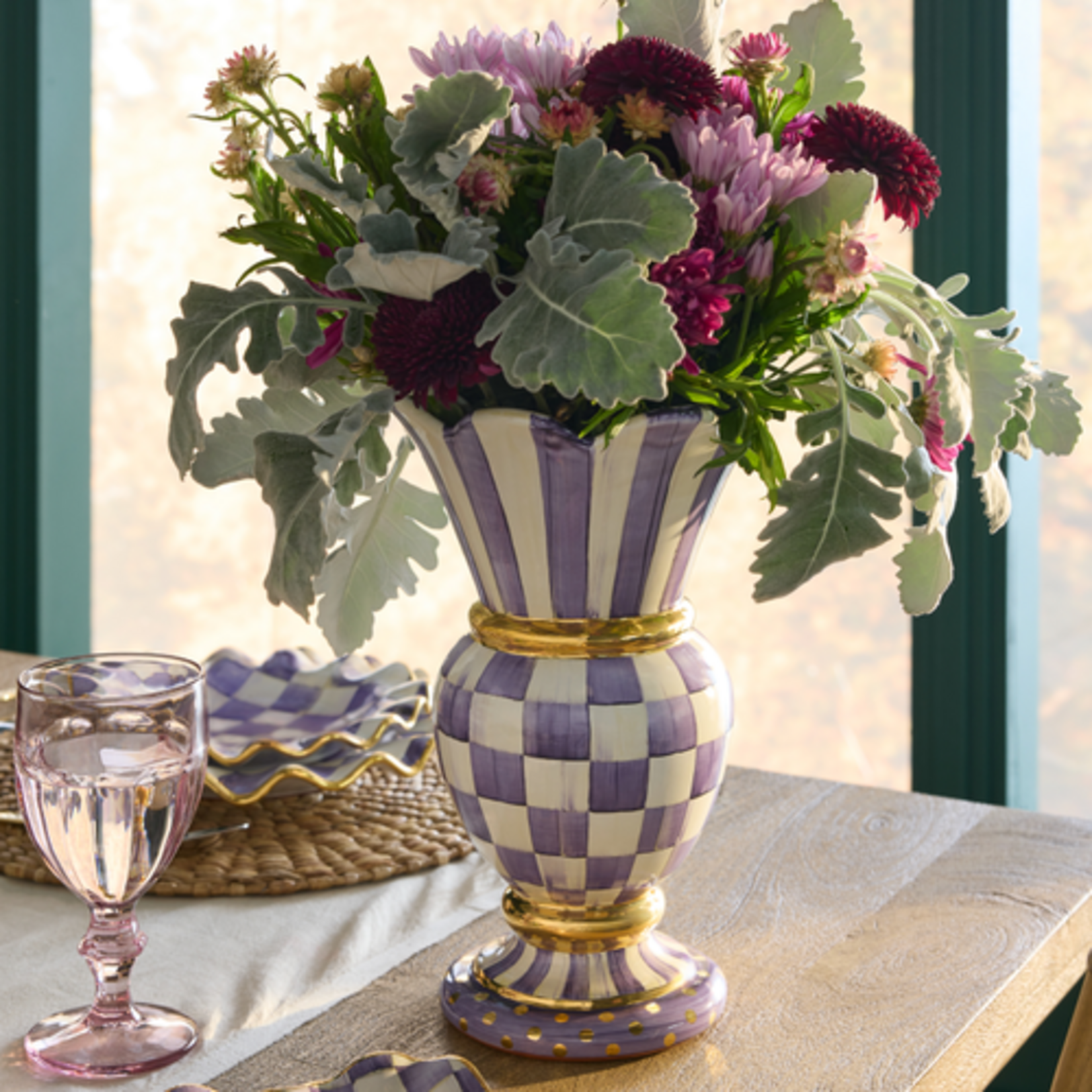 MacKenzie-Childs plum check ceramic great vase