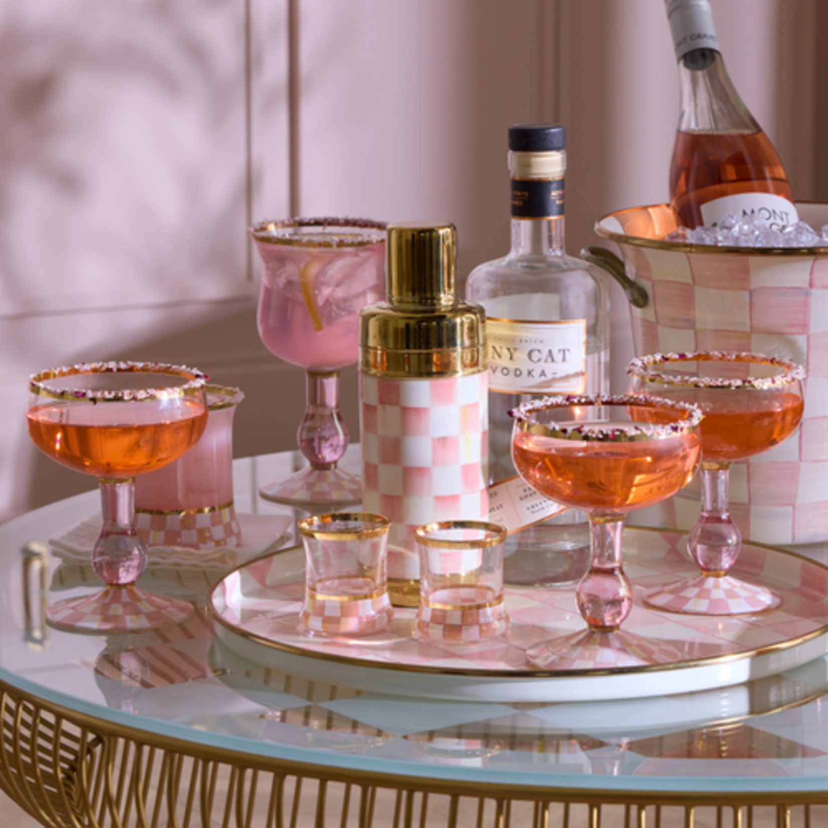 MacKenzie-Childs rosy check coupe glass