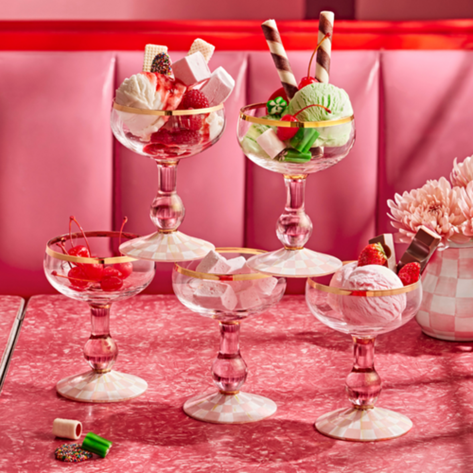 MacKenzie-Childs rosy check coupe glass