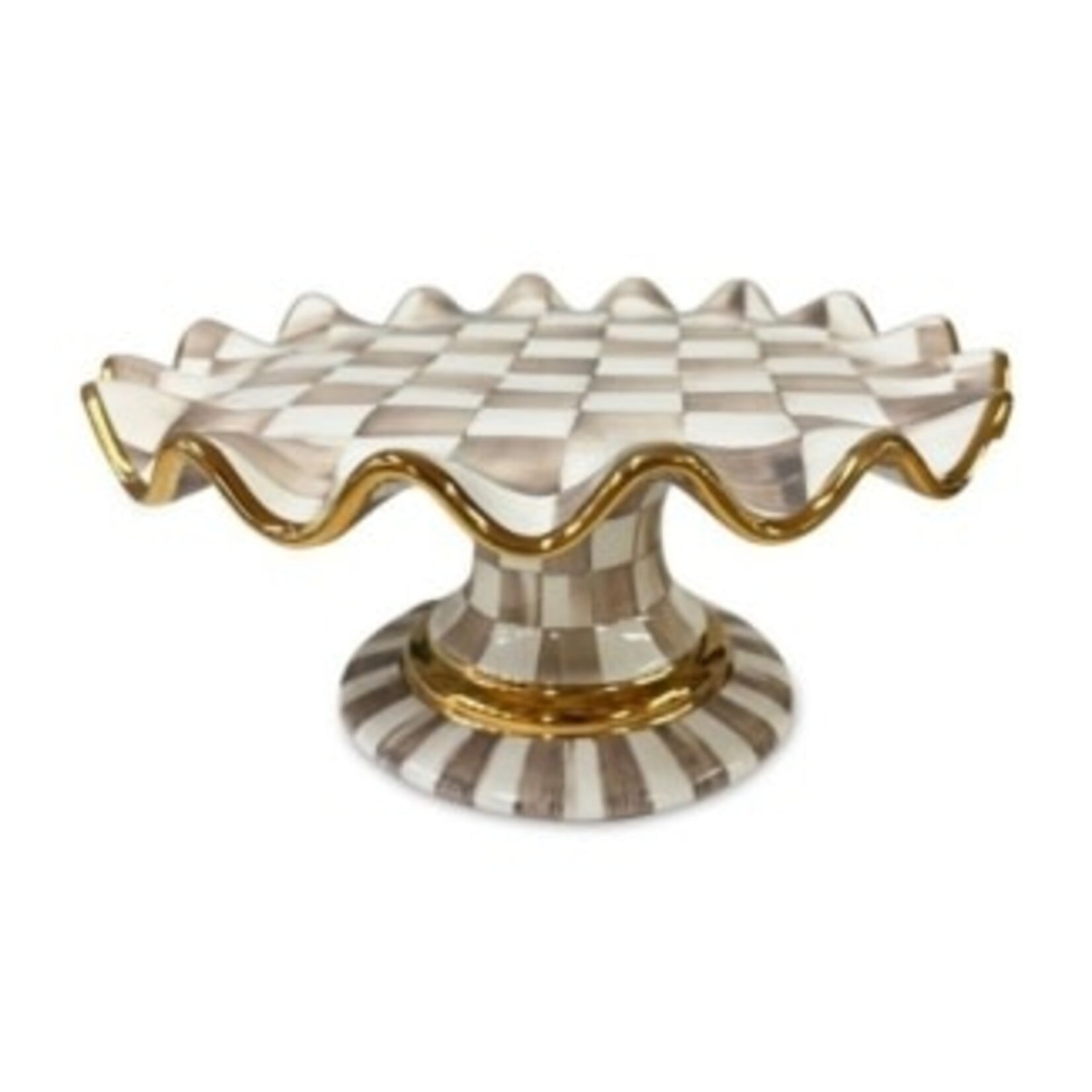 MacKenzie-Childs mocha check ceramic fluted cake stand