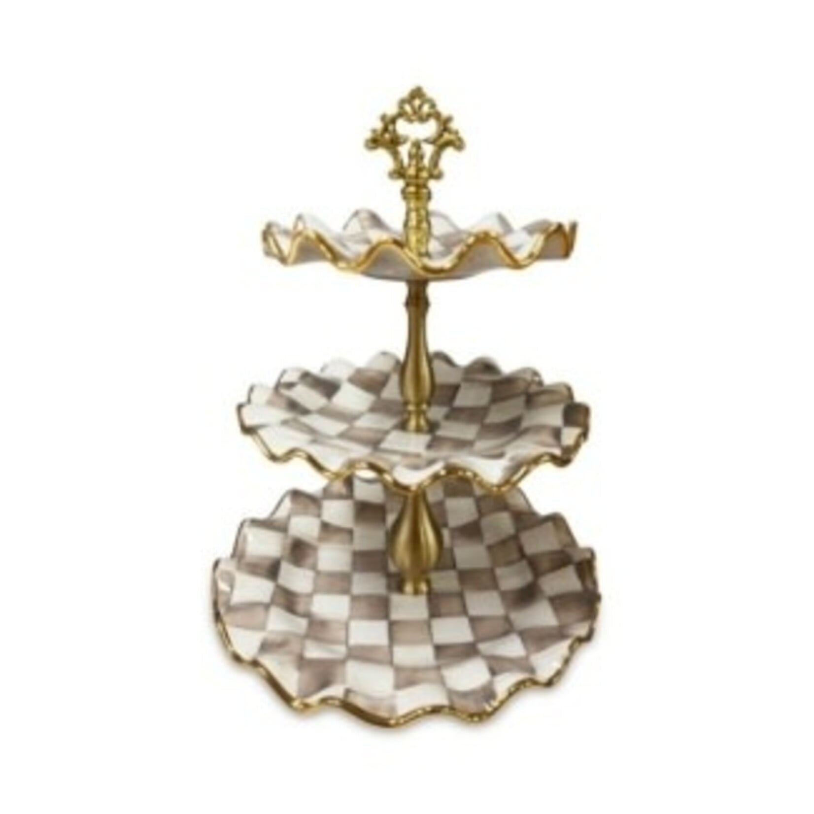 MacKenzie-Childs mocha check ceramic three tier sweet stand