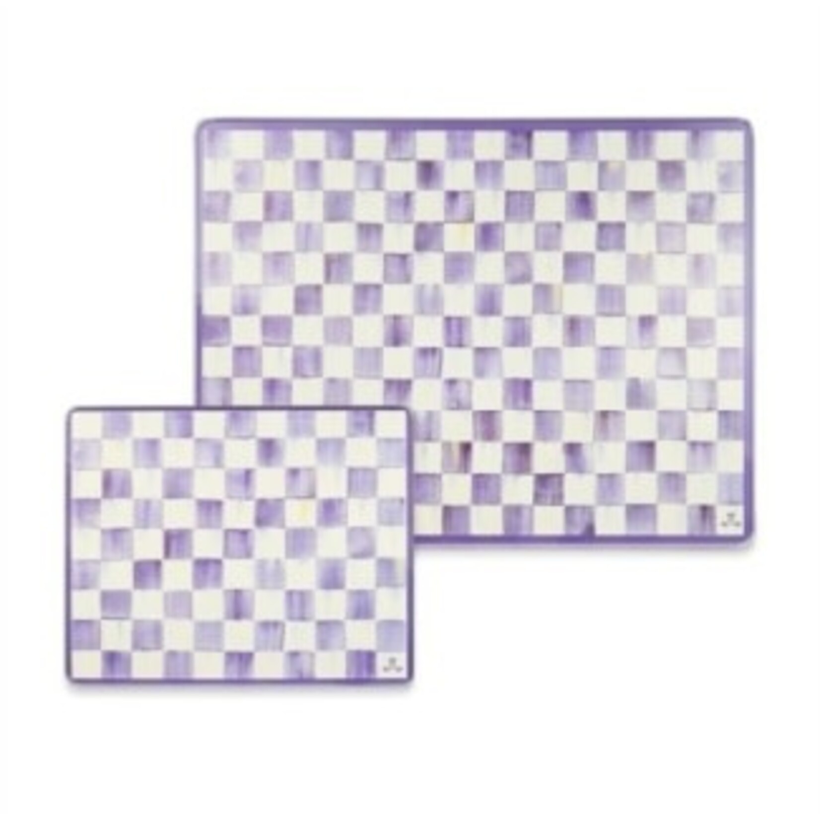 MacKenzie-Childs violet check glass cutting boards, set of 2