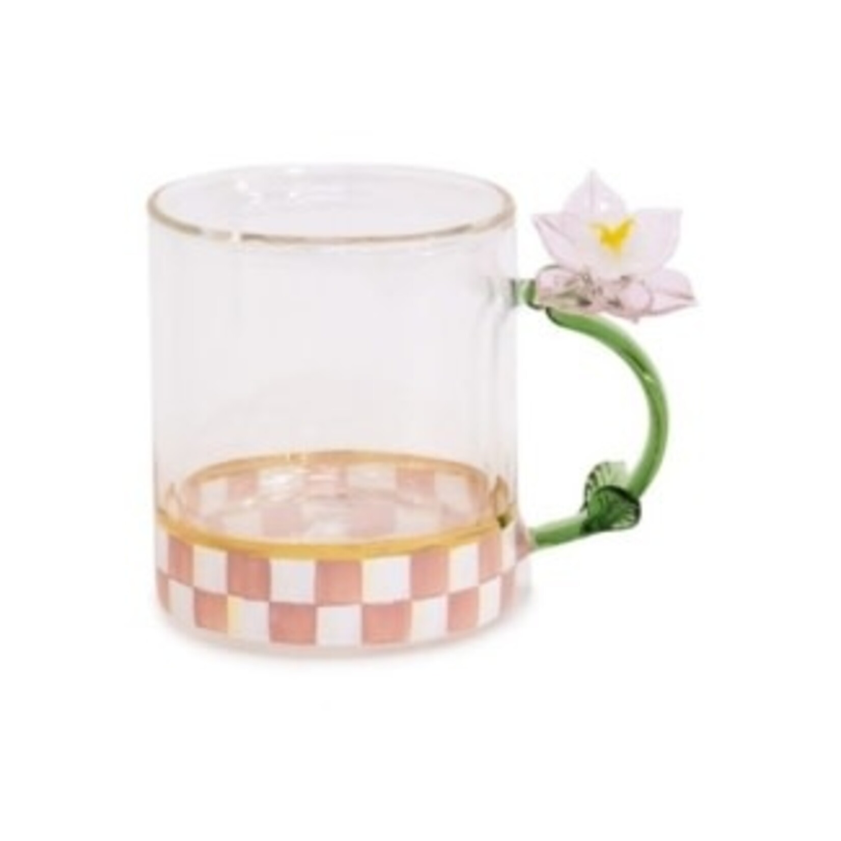 MacKenzie-Childs rosy check flower glass mug
