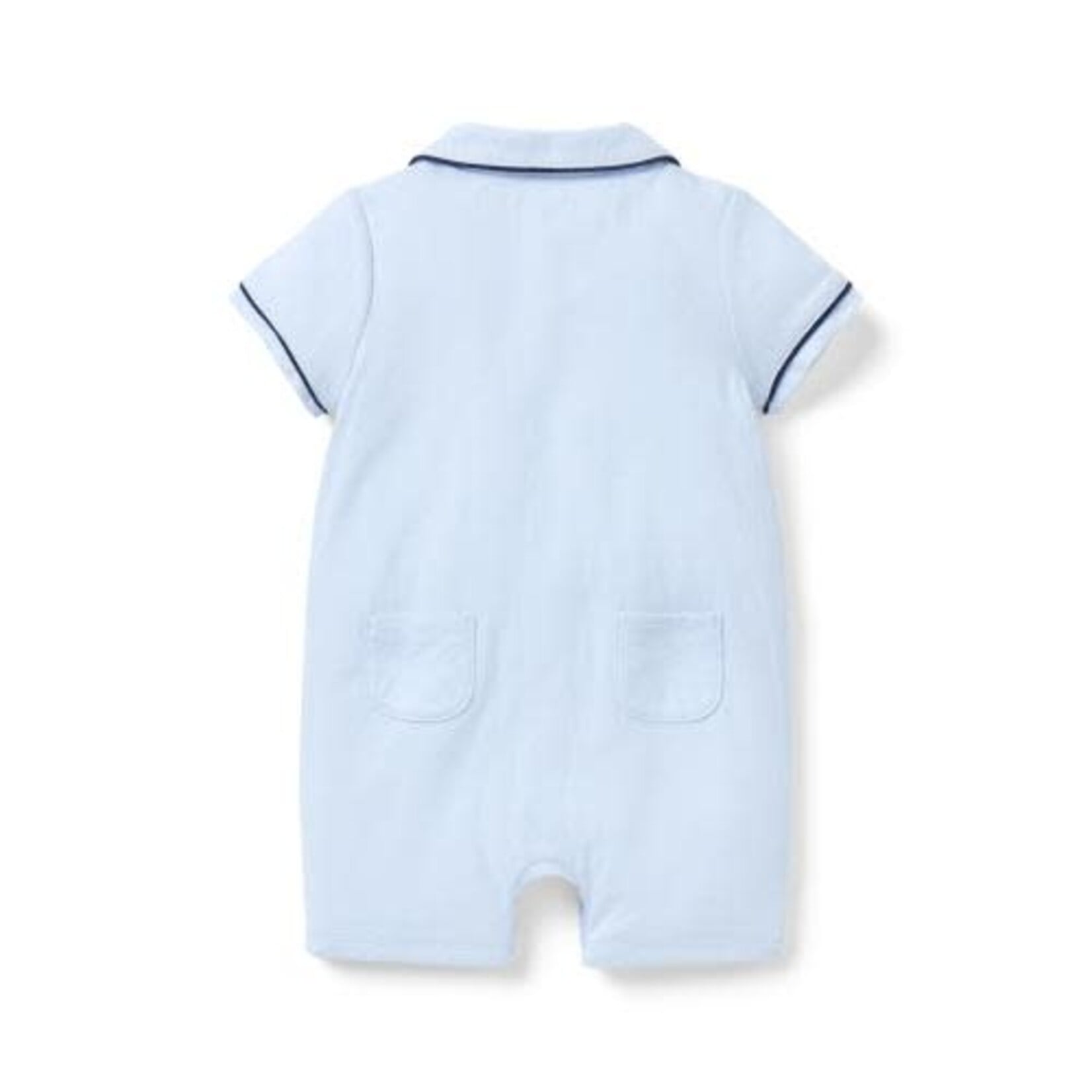 JANIE AND JACK B K BLUE BU COLLAR PIPED ROMPER SIG2