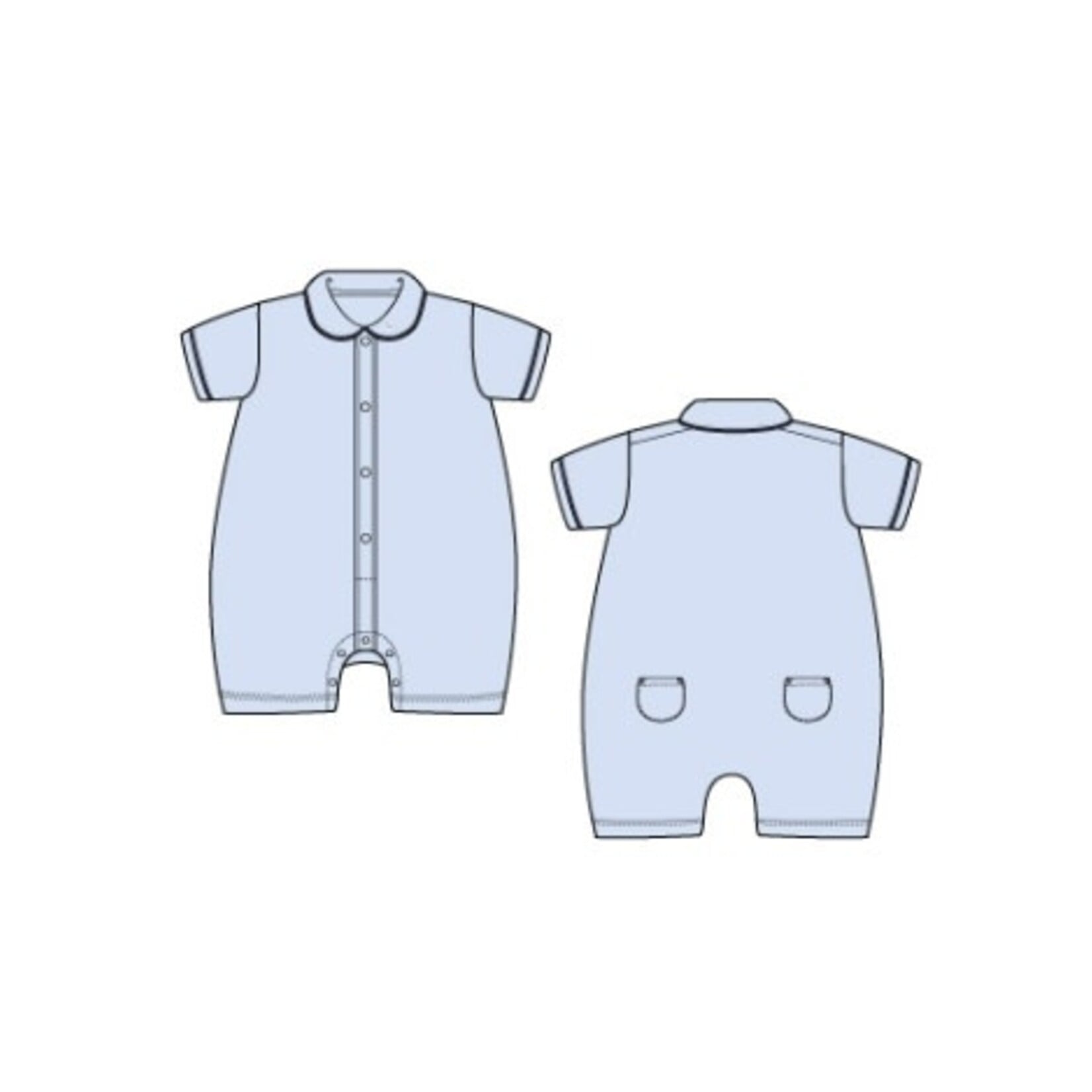 JANIE AND JACK B K BLUE BU COLLAR PIPED ROMPER SIG2