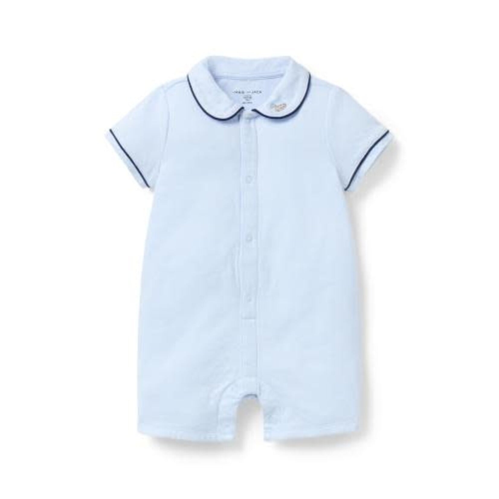 JANIE AND JACK B K BLUE BU COLLAR PIPED ROMPER SIG2