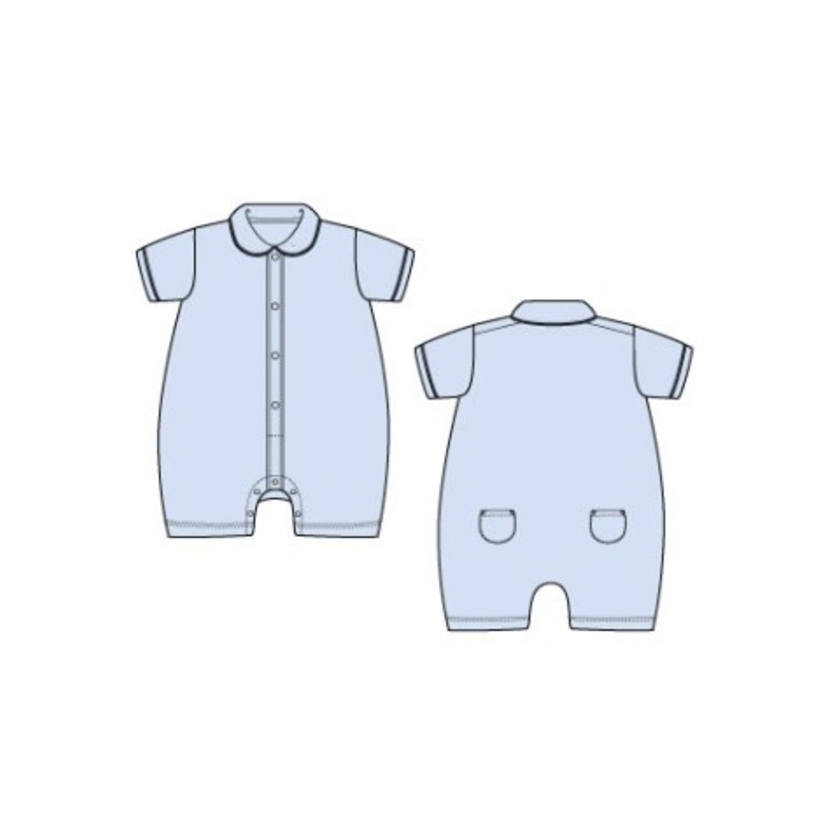 JANIE AND JACK B K BLUE BU COLLAR PIPED ROMPER SIG2
