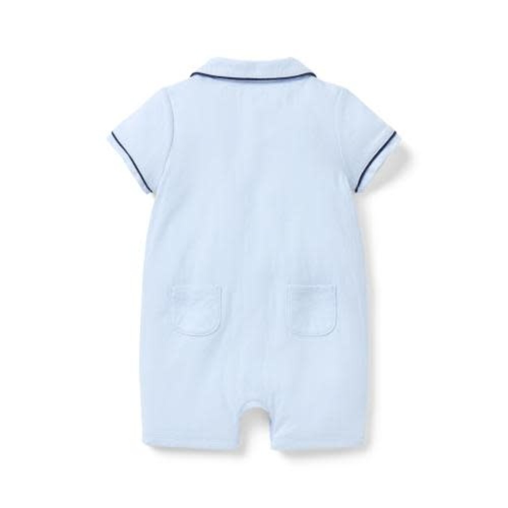 JANIE AND JACK B K BLUE BU COLLAR PIPED ROMPER SIG2