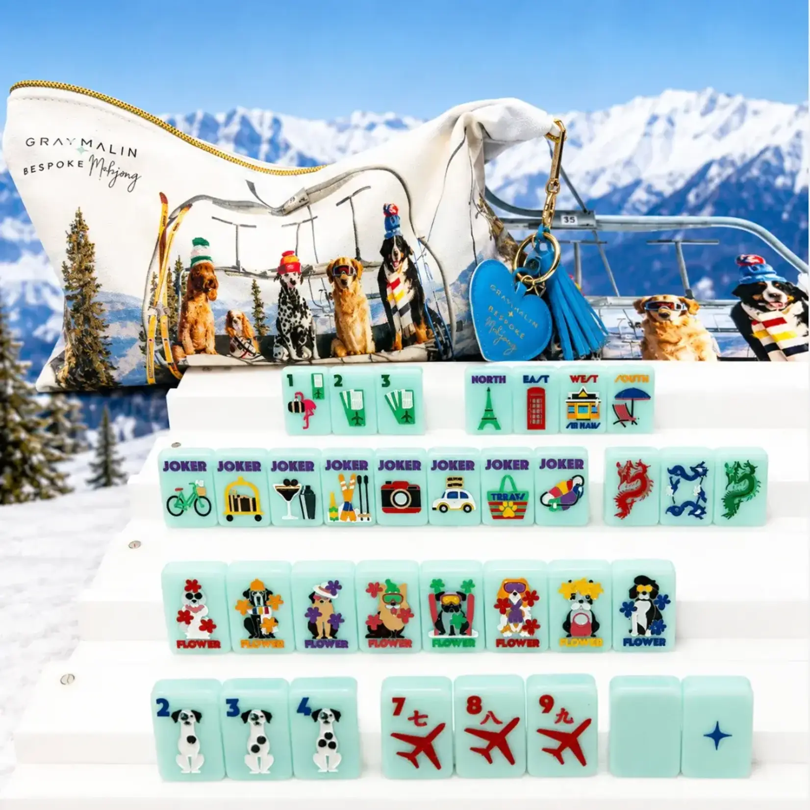 Bespoke Mahjong Gray Malin Getaway Dogs Mahjong Tiles - Icy Blue