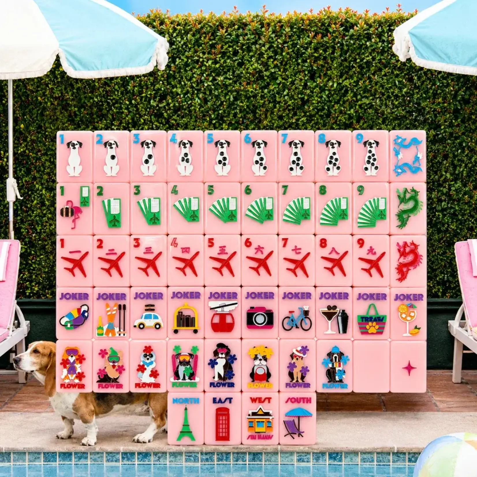 Bespoke Mahjong Gray Malin Getaway Dogs Mahjong Tiles - Beverly Hills Pink