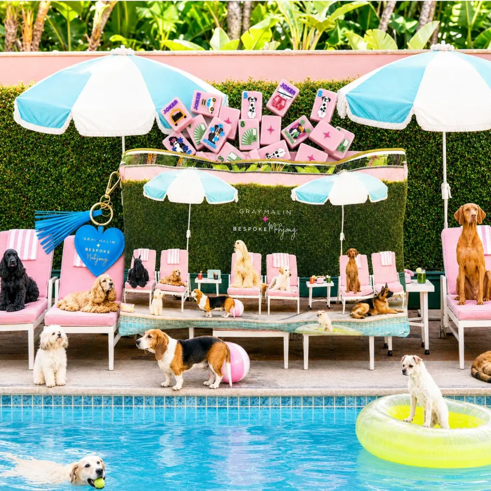 Bespoke Mahjong Gray Malin Getaway Dogs Mahjong Tiles - Beverly Hills Pink