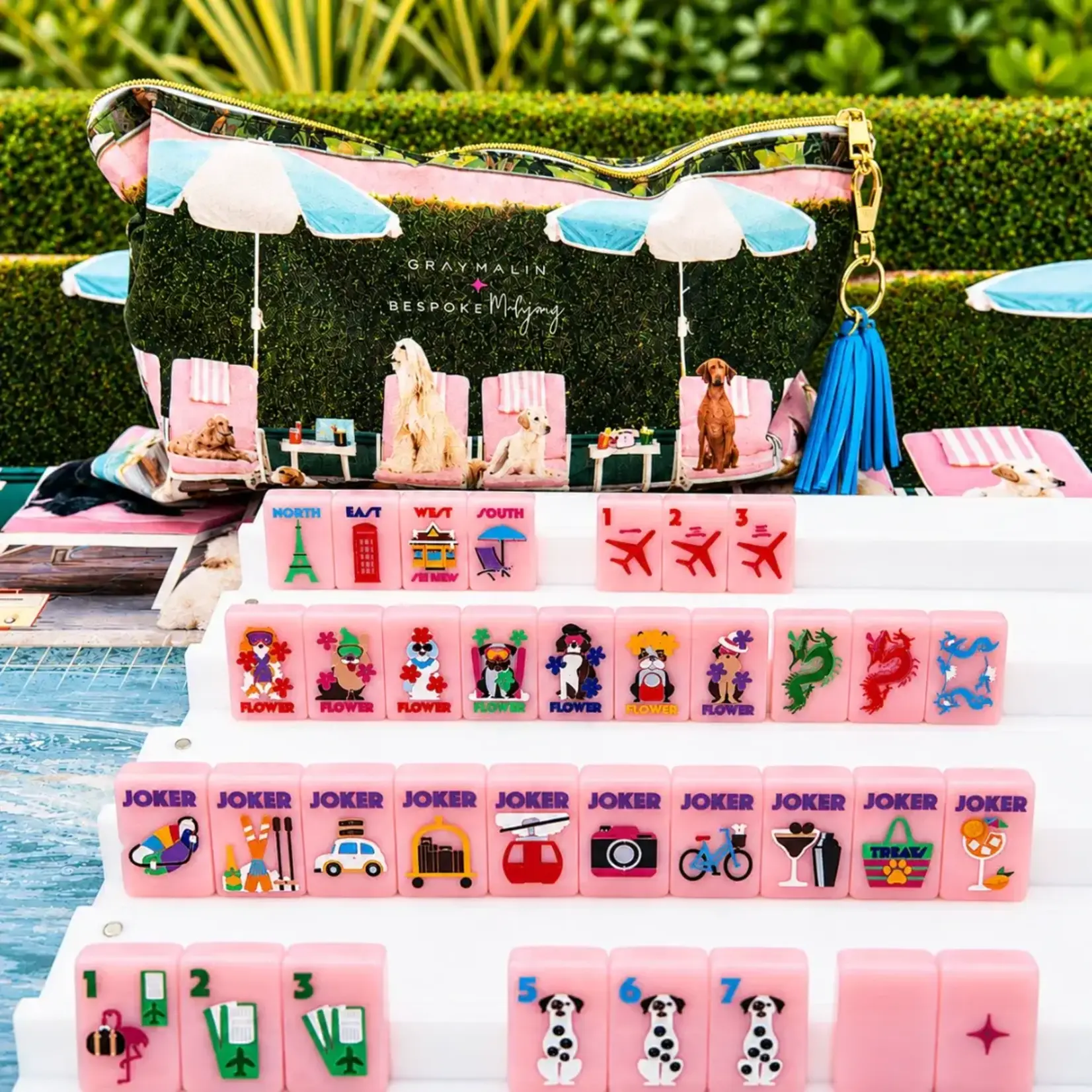 Bespoke Mahjong Gray Malin Getaway Dogs Mahjong Tiles - Beverly Hills Pink
