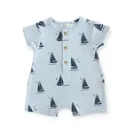 Oh Baby! Oh Baby Sky Blue Denim Sailboat Print S/S Button Neck Romper