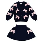 Petite Hailey Petite Hailey Navy Knit Bow Cardigan And Skirt Set