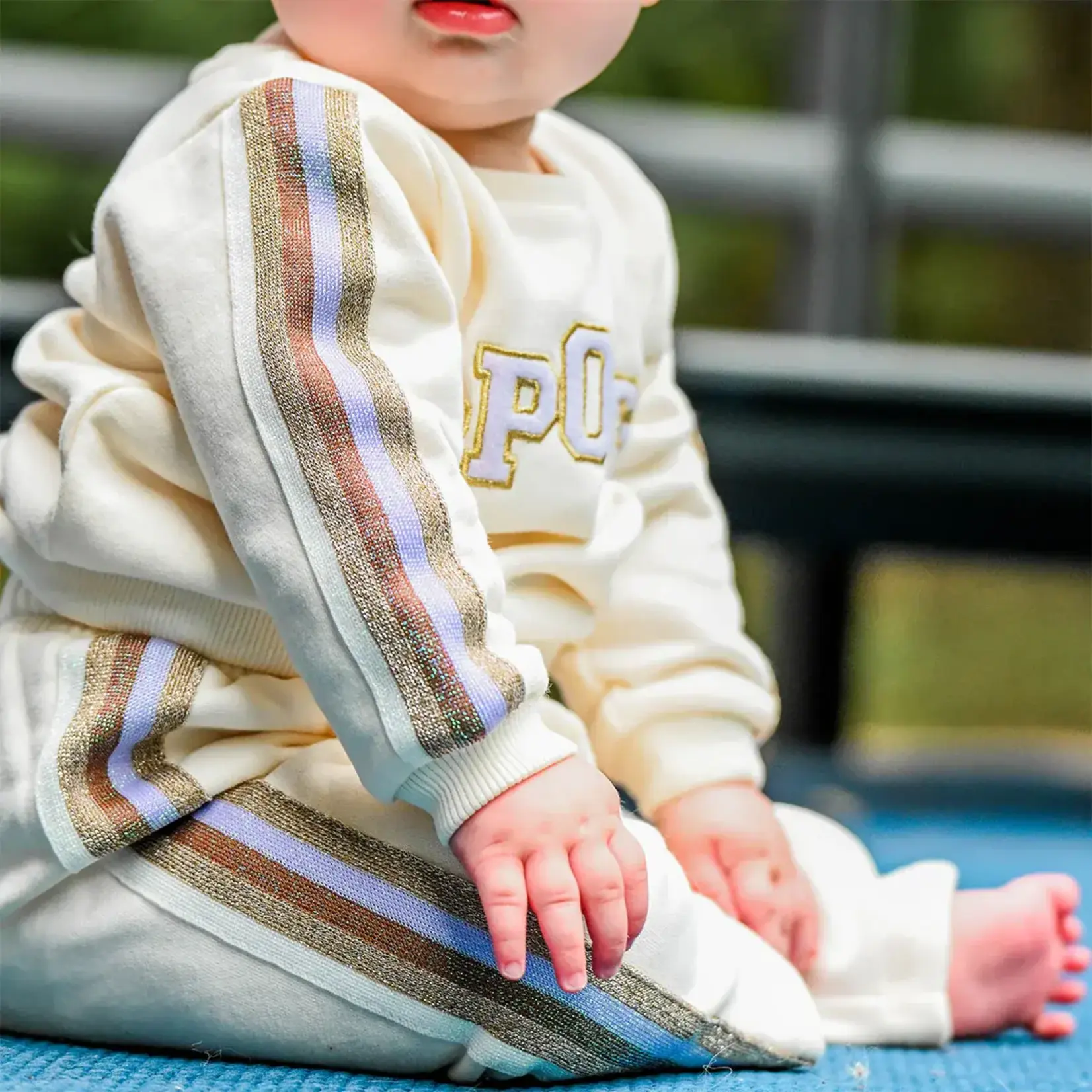 Oh Baby! Oh Baby Vanilla "Sporty" Applique Striped Sleeve Boxy W/Striped Jogger Set