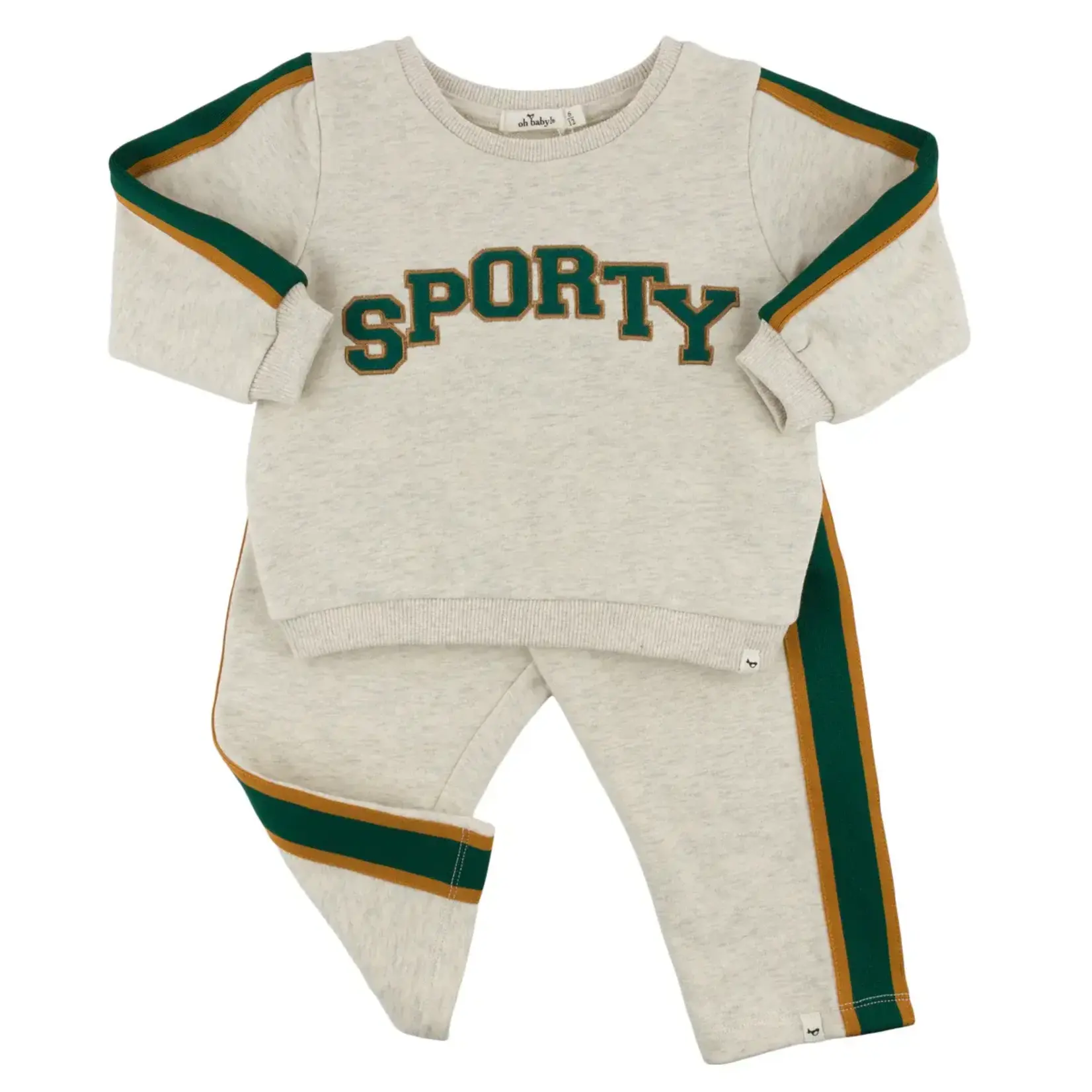 Oh Baby! Oh Baby Oatmeal Heather "Sporty" Applique Striped Sleeve Boxy W/Striped Jogger