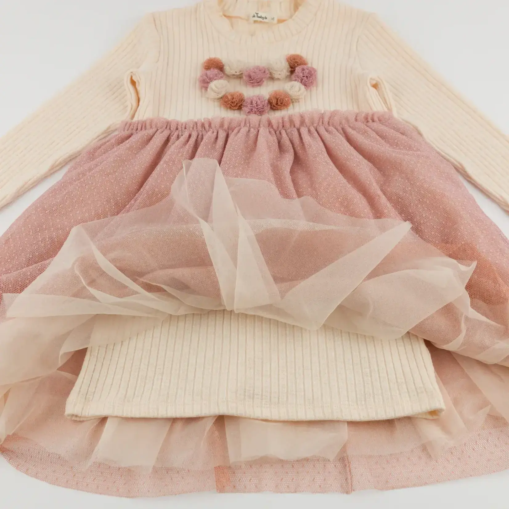 Oh Baby! Oh Baby Natural Multi Poms Heart Rib L/S Aria Tutu Dress