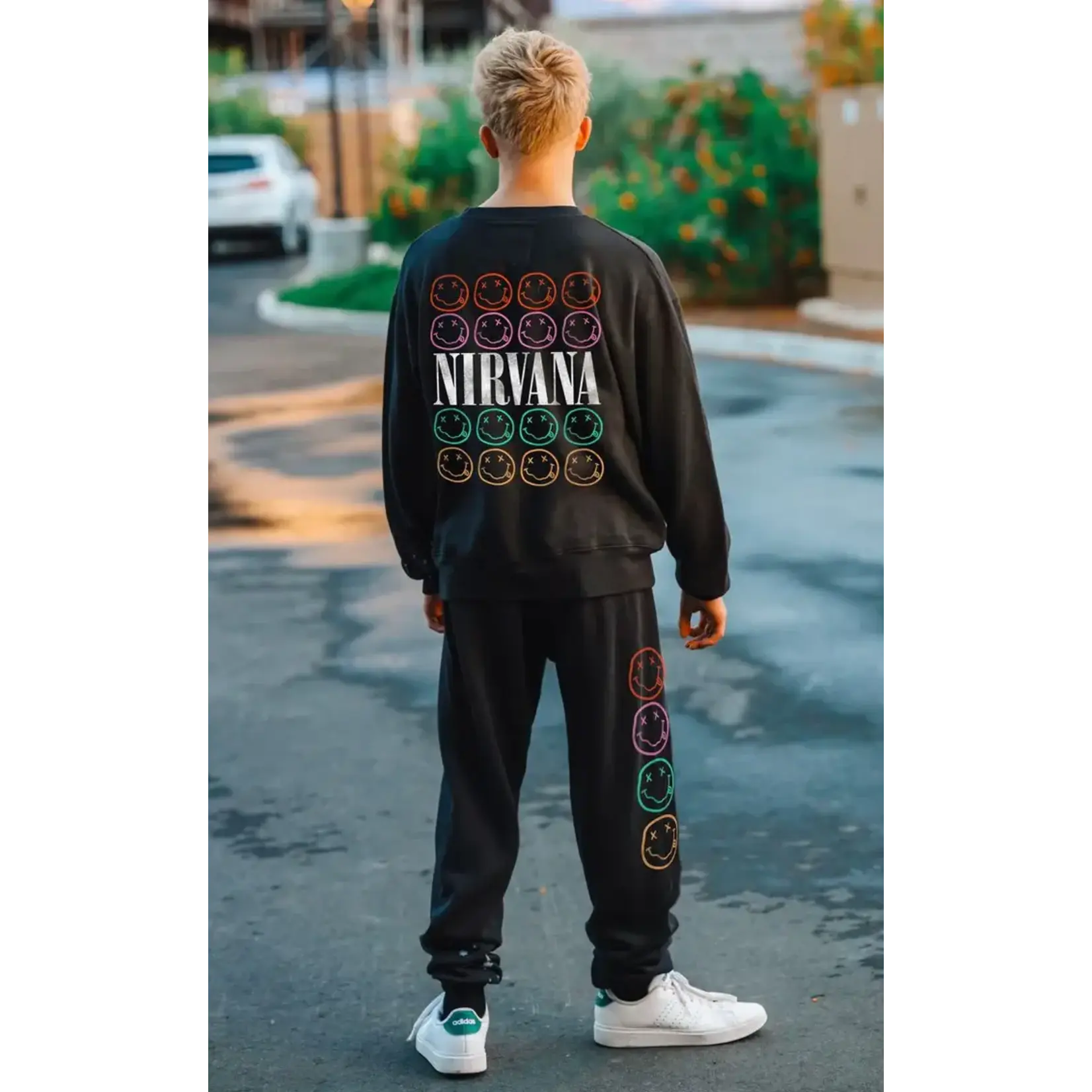 Rowdy Sprout Rowdy Sprout Washed Black Nirvana Smiley Crewneck