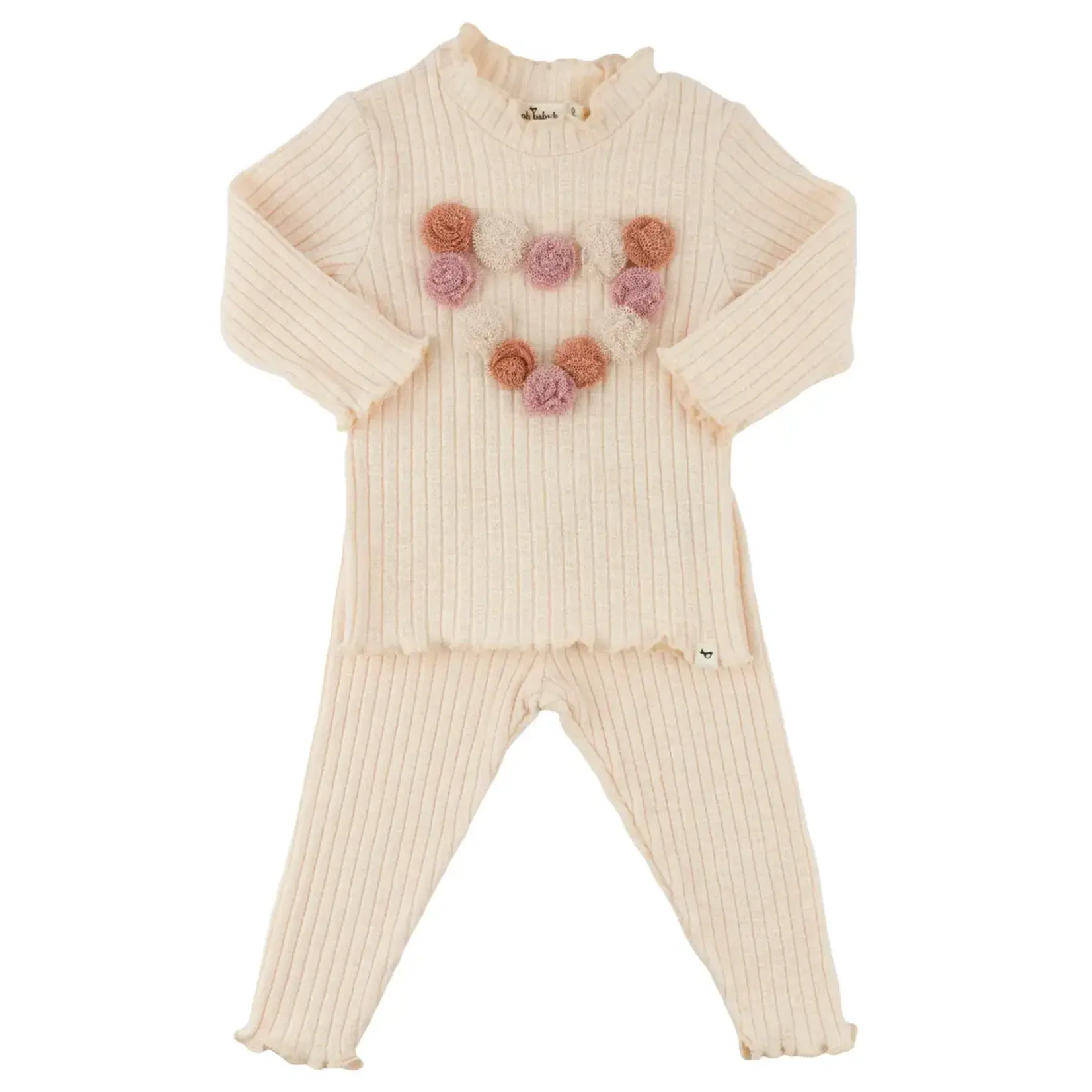Oh Baby! Oh Baby Natural Poms Heart Lettuce Edge Mockneck L/S 2pc Set