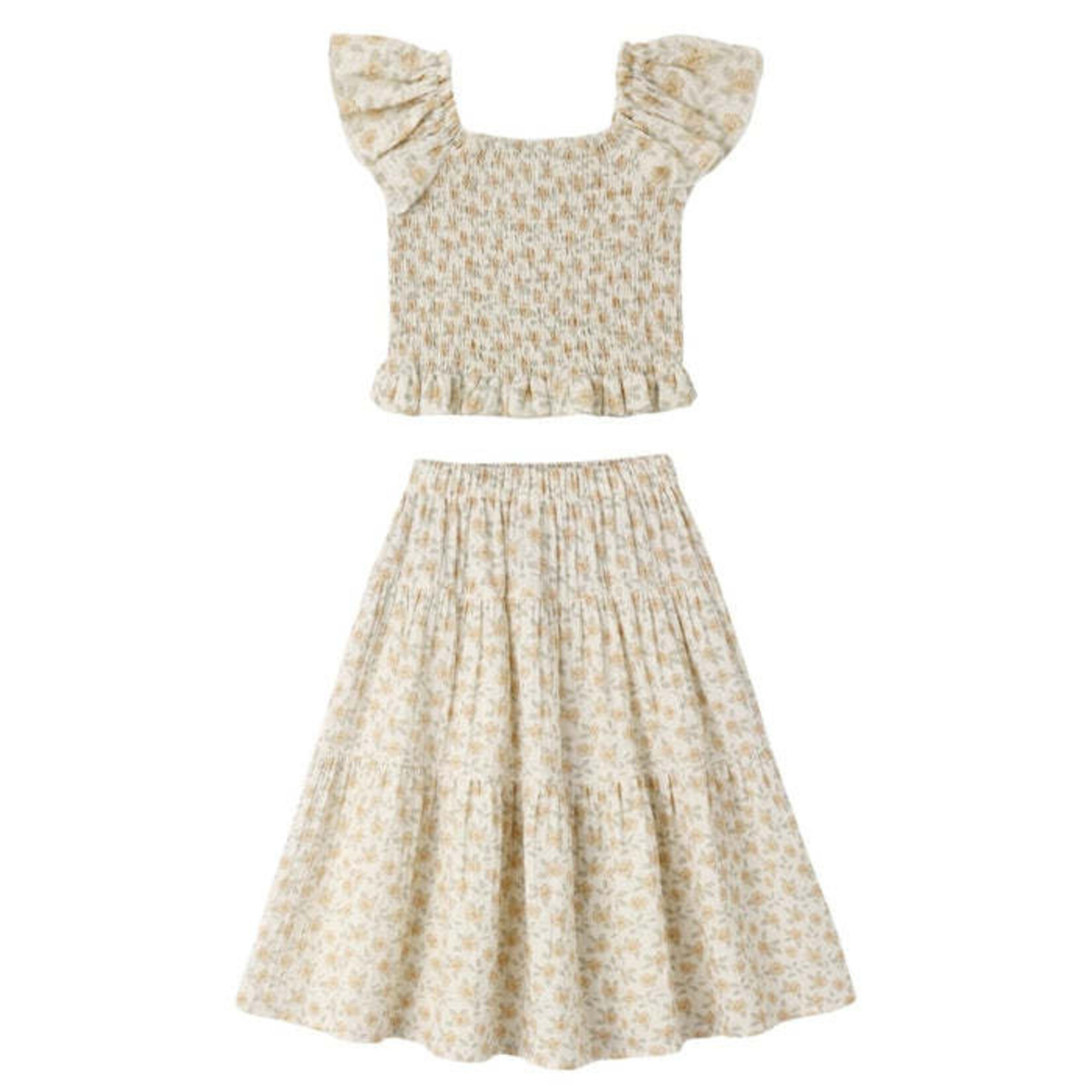 Rylee + Cru Rylee + Cru Ivory Yellow Floral Zayla Top And Tiered Midi Skirt Set