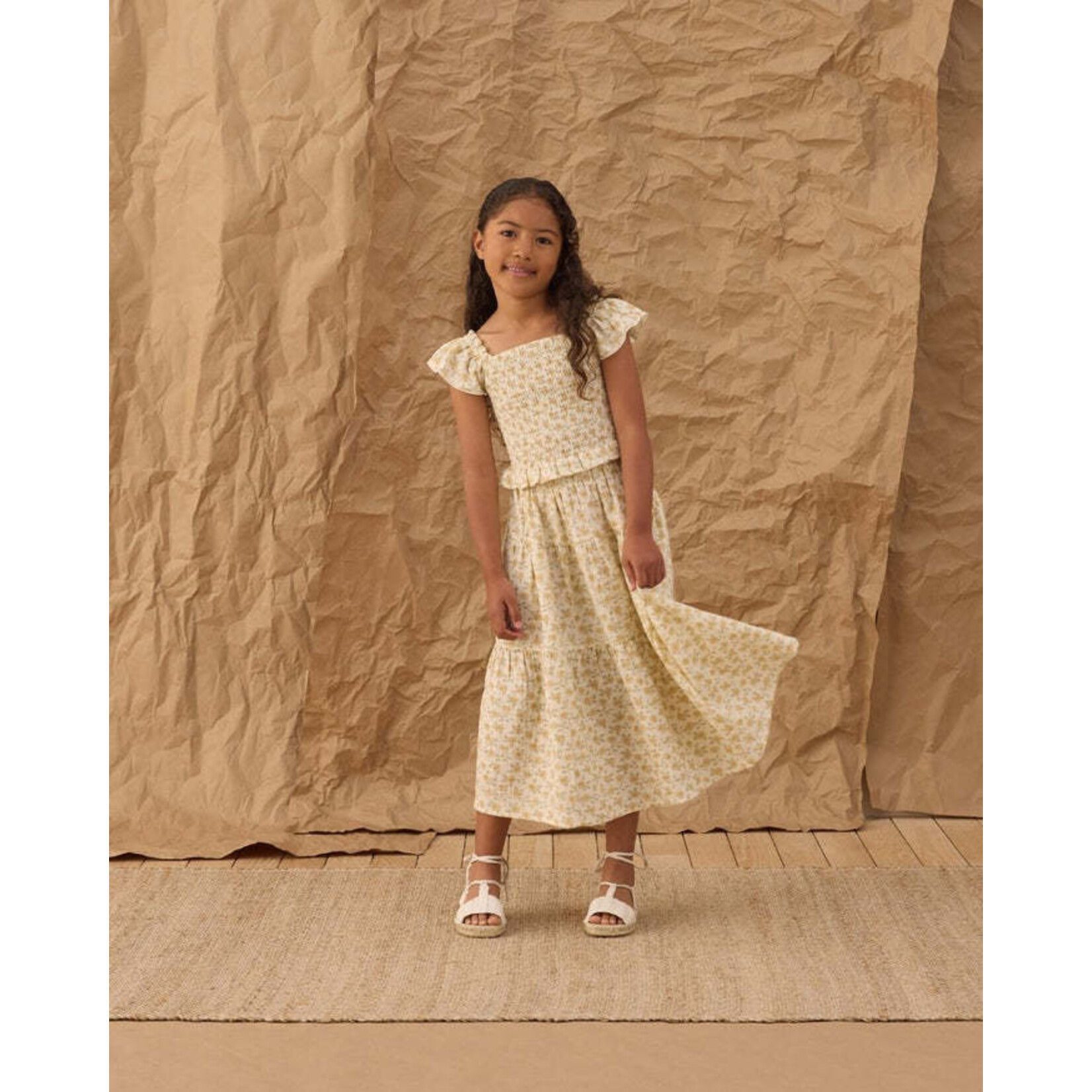Rylee + Cru Rylee + Cru Ivory Yellow Floral Zayla Top And Tiered Midi Skirt Set