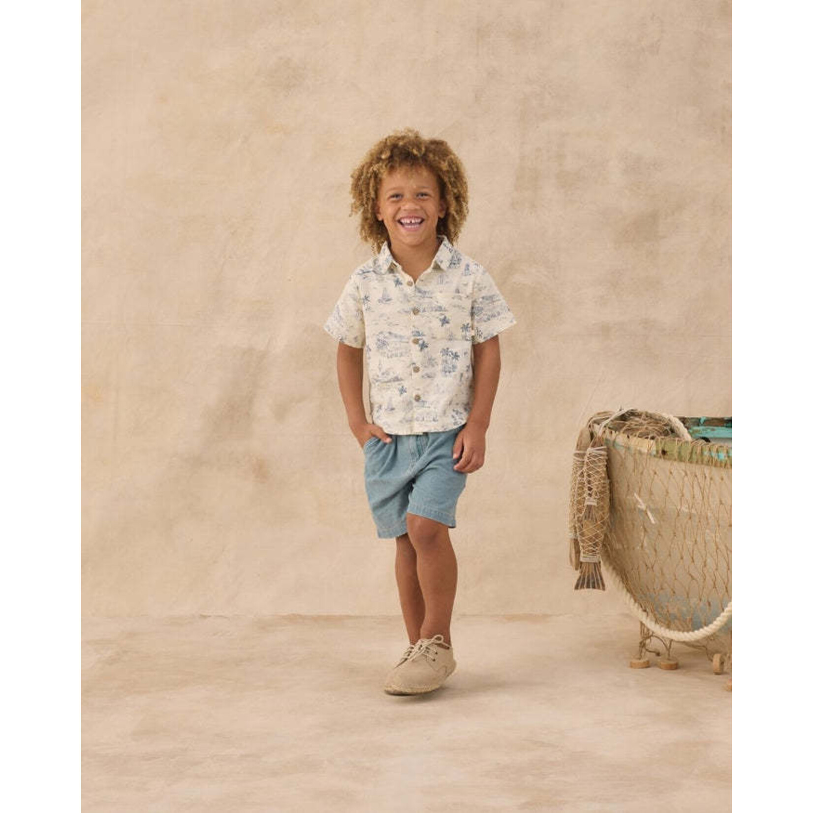 Rylee + Cru Rylee + Cru Natural Ocean Toile Collared S/S Shirt And Marine Relaxed Short Set