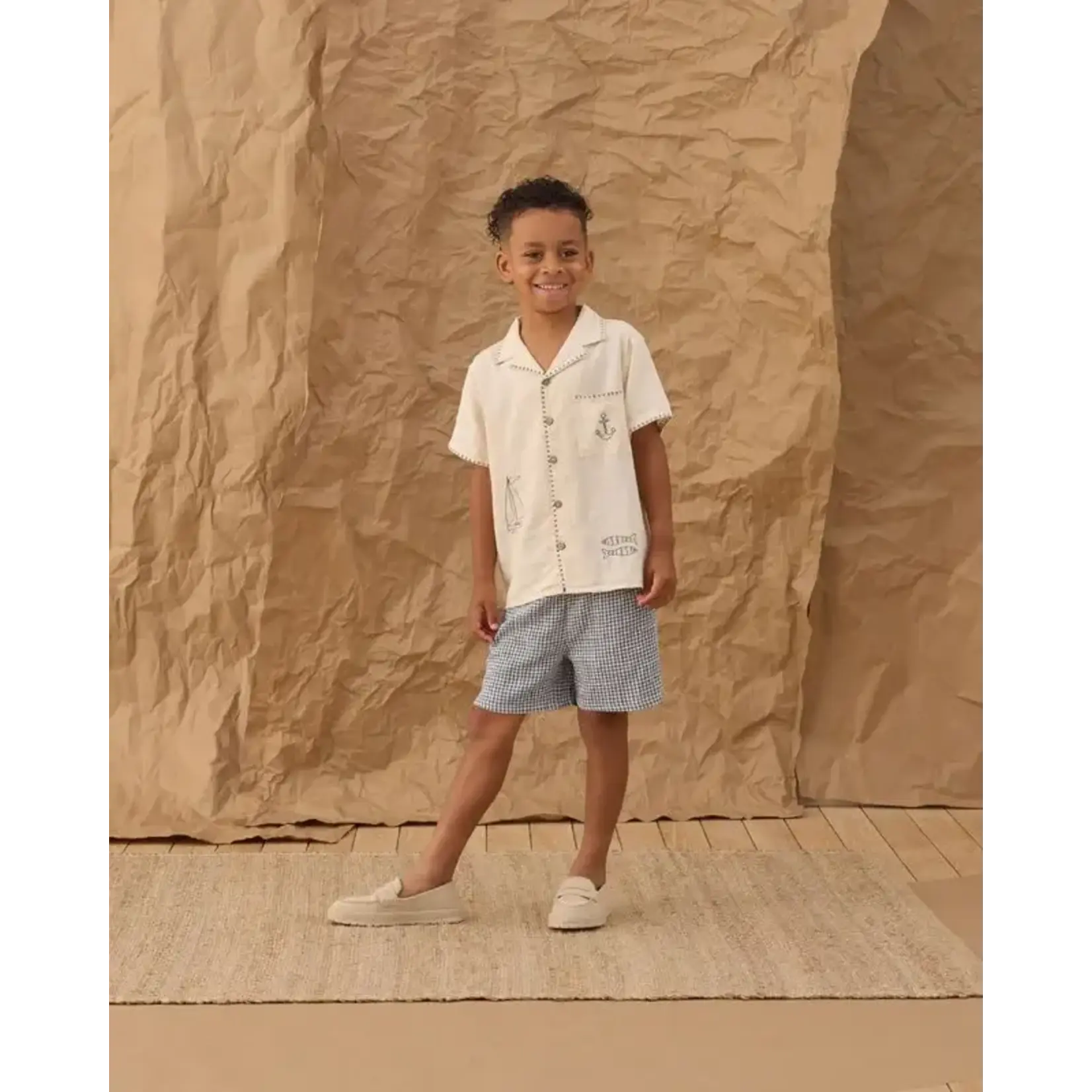 Rylee + Cru Rylee + Cru Natural Sailor Lapel Collared Shirt And Marine Gingham Perry Short Set