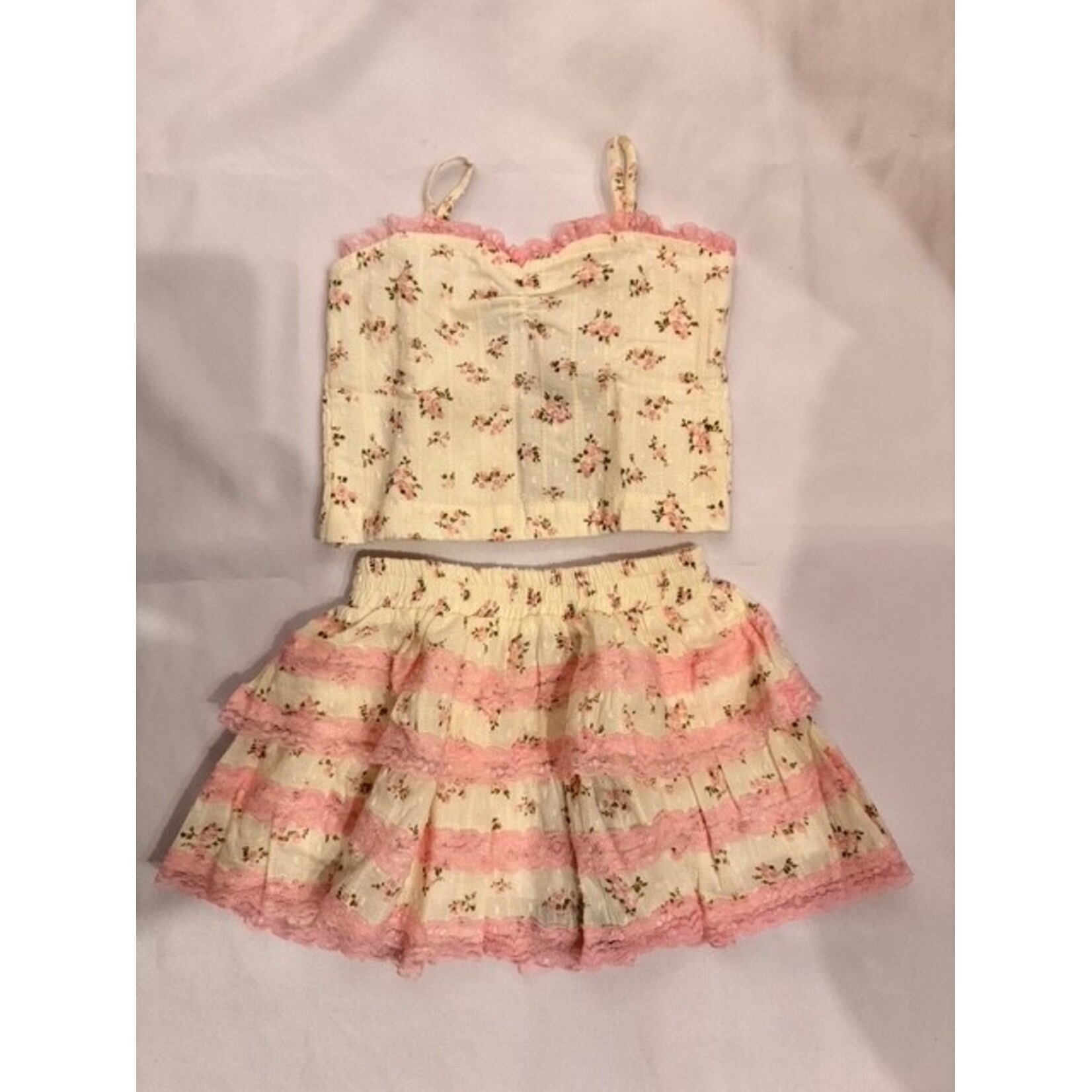 Flowers By Zoe Flowers By Zoe Cream Pink Lace Trim Flower Top And Skirt Set