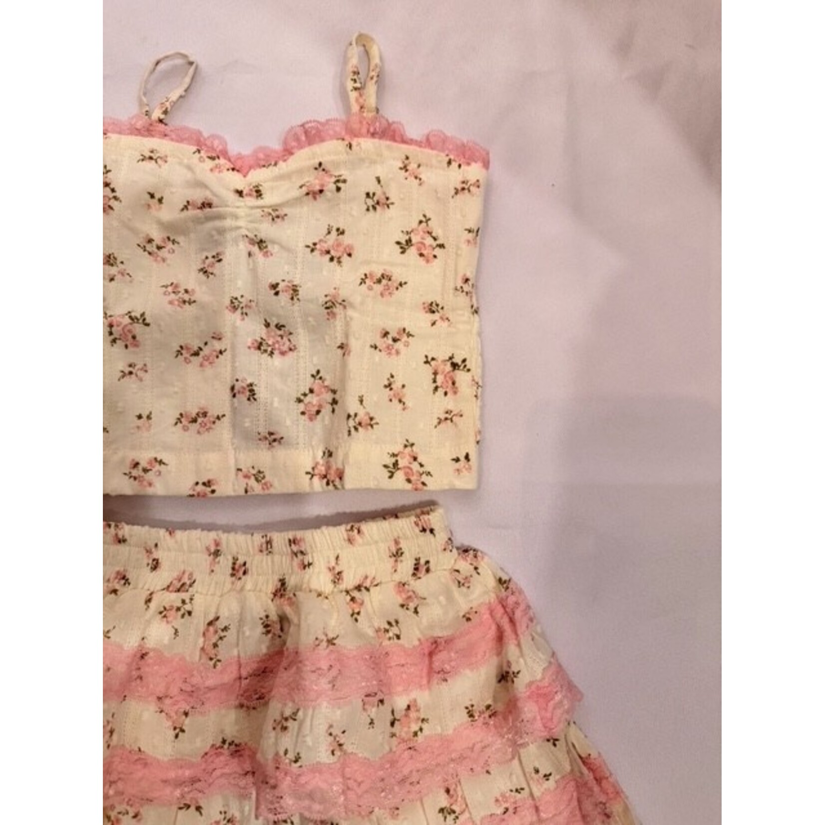 Flowers By Zoe Flowers By Zoe Cream Pink Lace Trim Flower Top And Skirt Set
