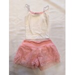 Flowers By Zoe Flowers By Zoe White/Pink Lace Trim Top And Pink Lace Short Set