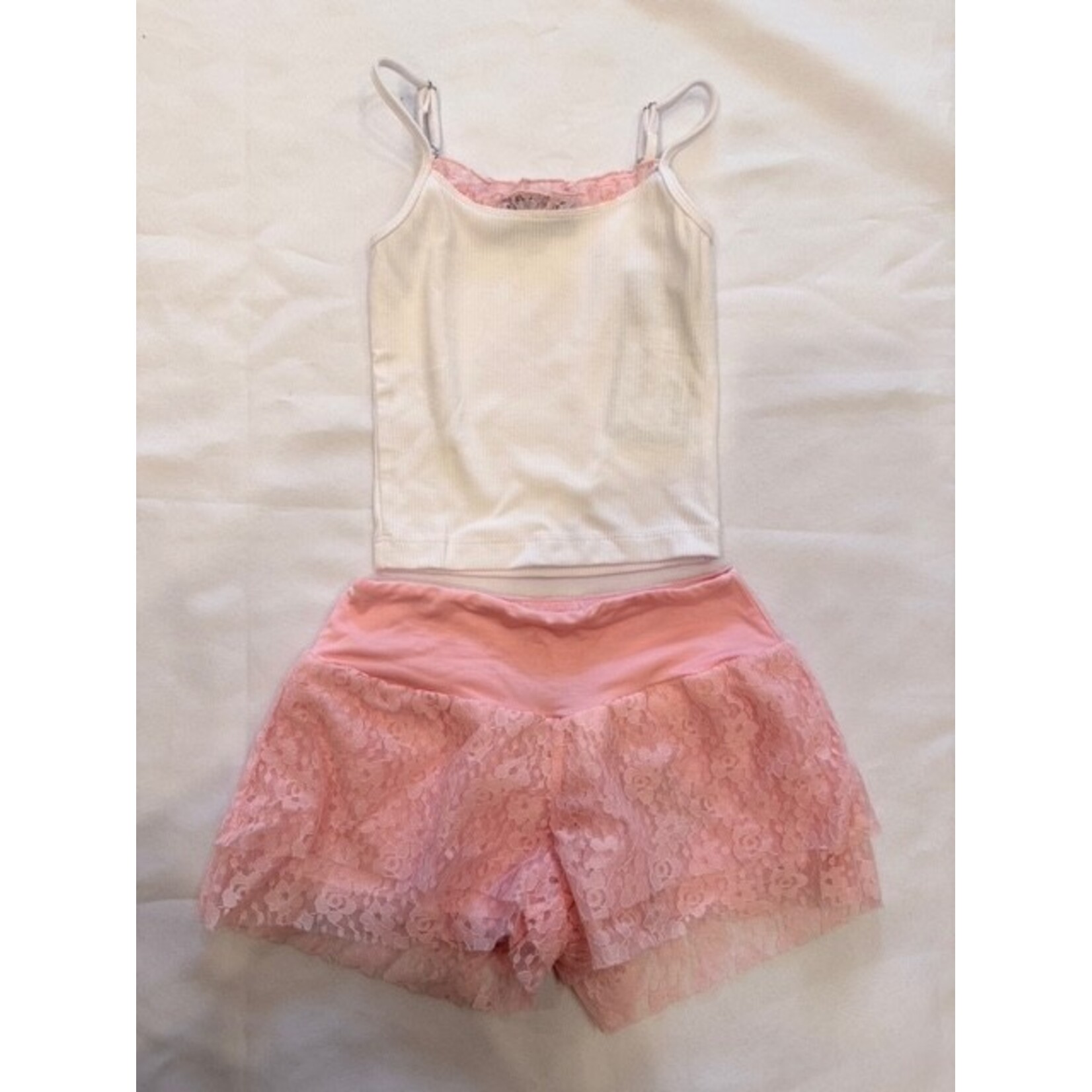 Flowers By Zoe Flowers By Zoe White/Pink Lace Trim Top And Pink Lace Short Set