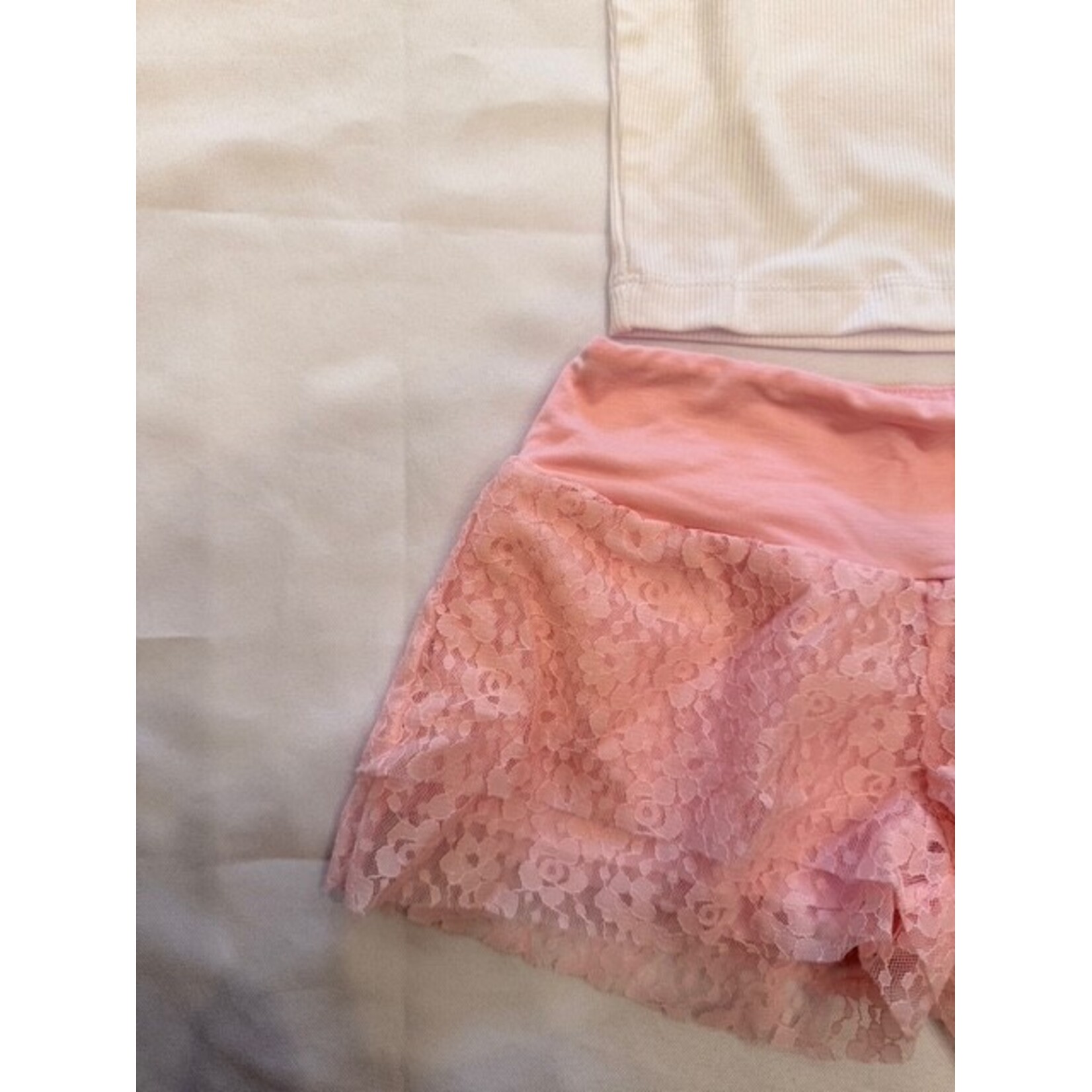 Flowers By Zoe Flowers By Zoe White/Pink Lace Trim Top And Pink Lace Short Set