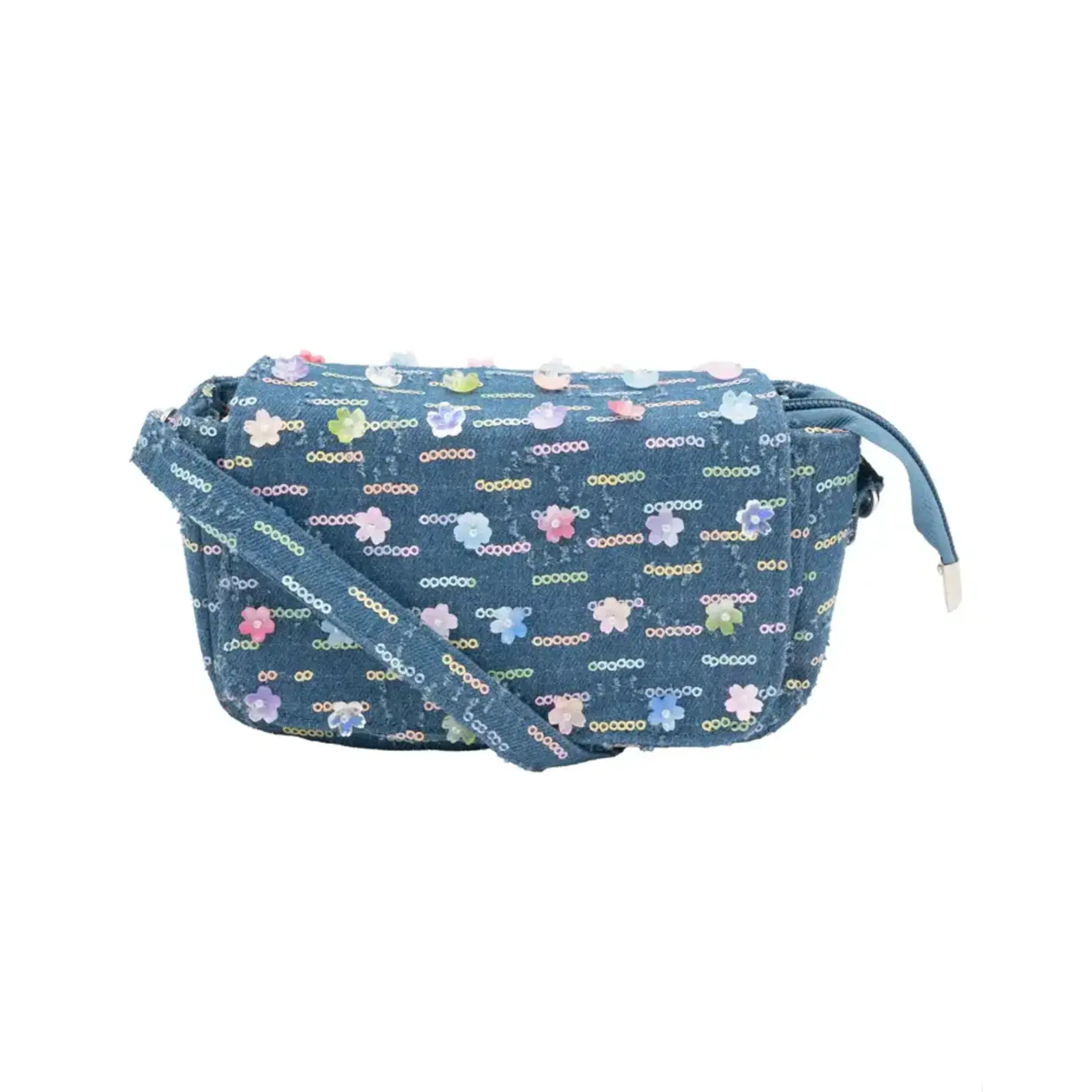 Bari Lynn Bari Lynn Sequin Flower Charm Denim Bag With Cross Body Strap