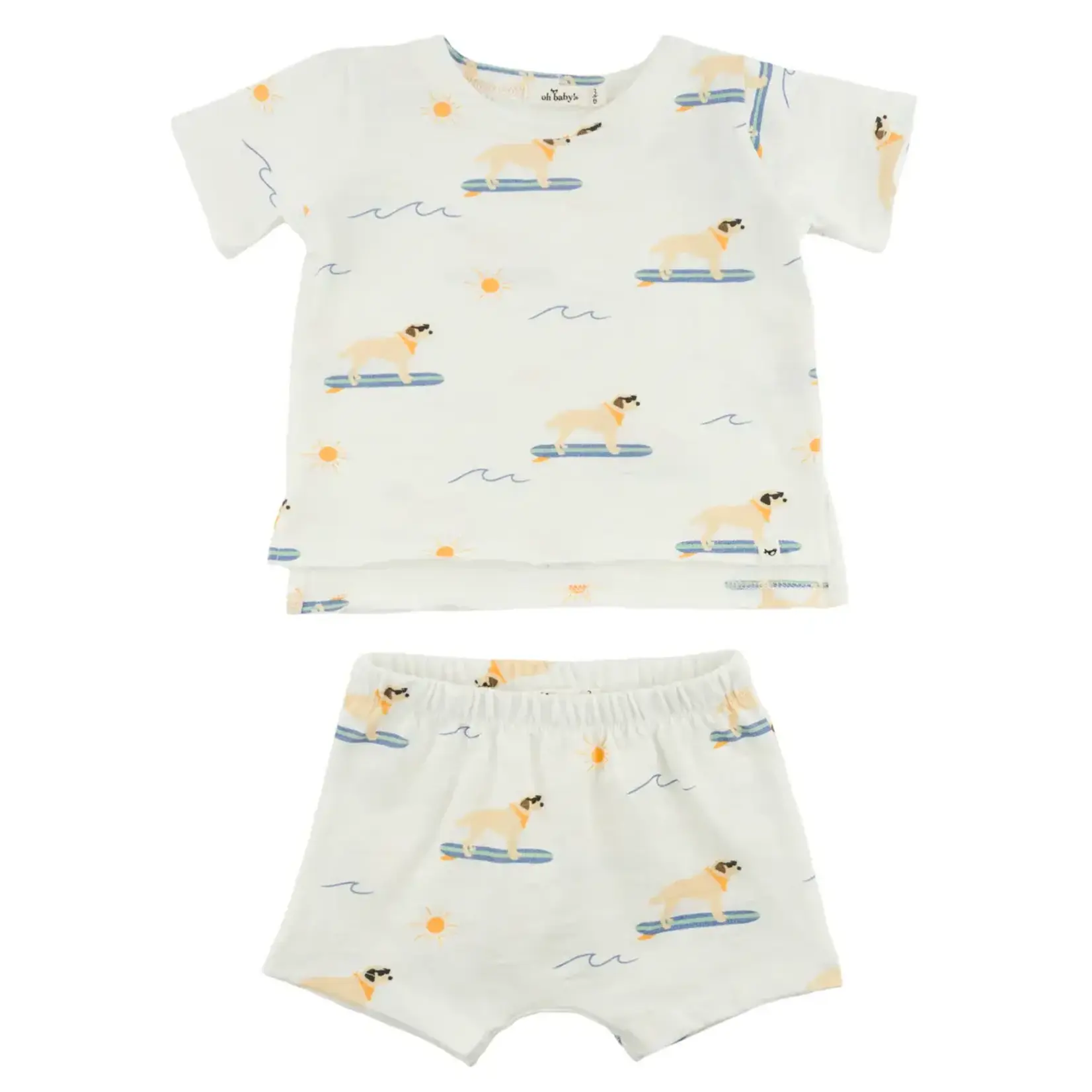Oh Baby! Oh Baby Oyster Surfing Dog AOP Raw Edge Tee & Short Set