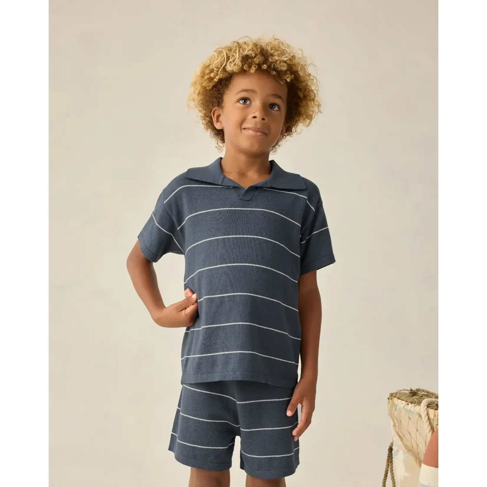 Rylee + Cru Rylee + Cru Navy Stripe Chandler Knit Polo And Short Set