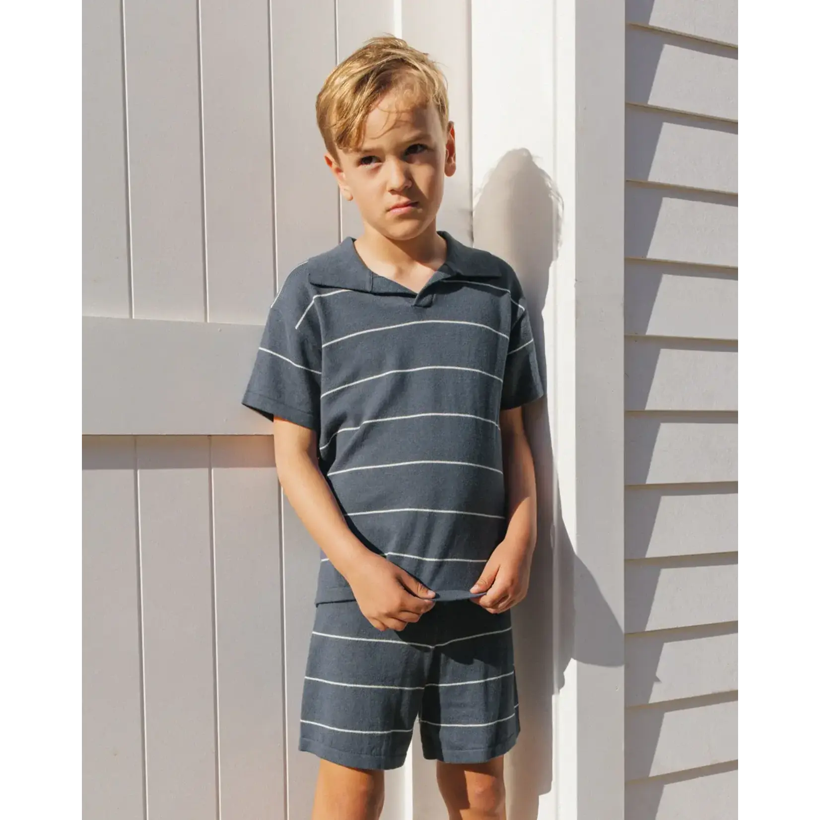 Rylee + Cru Rylee + Cru Navy Stripe Chandler Knit Polo And Short Set
