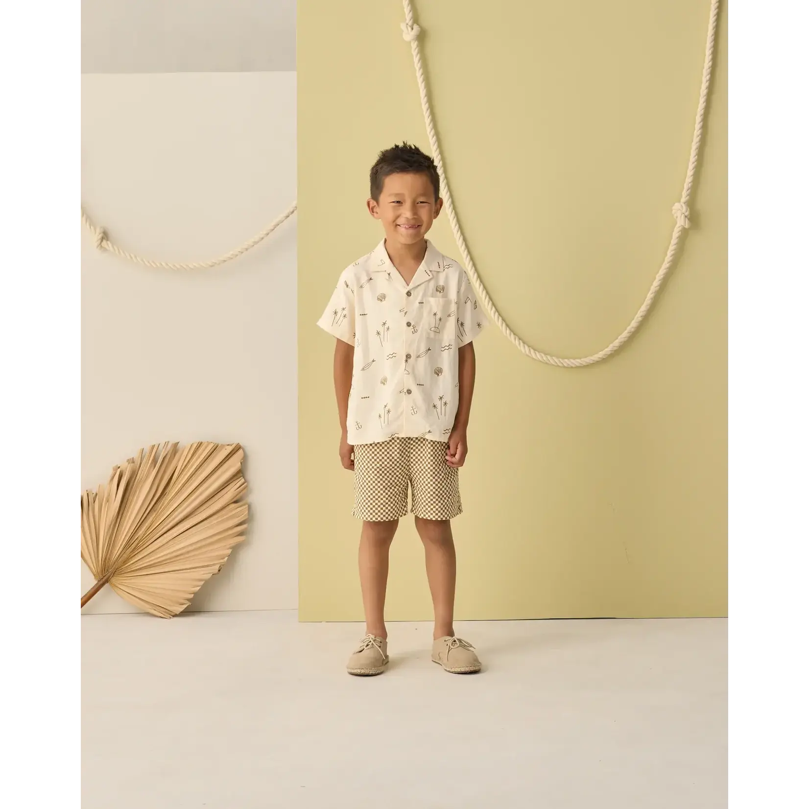 Rylee + Cru Rylee + Cru Natural Coastal Lapel Collar Shirt & Ocre Check Perry Short Set