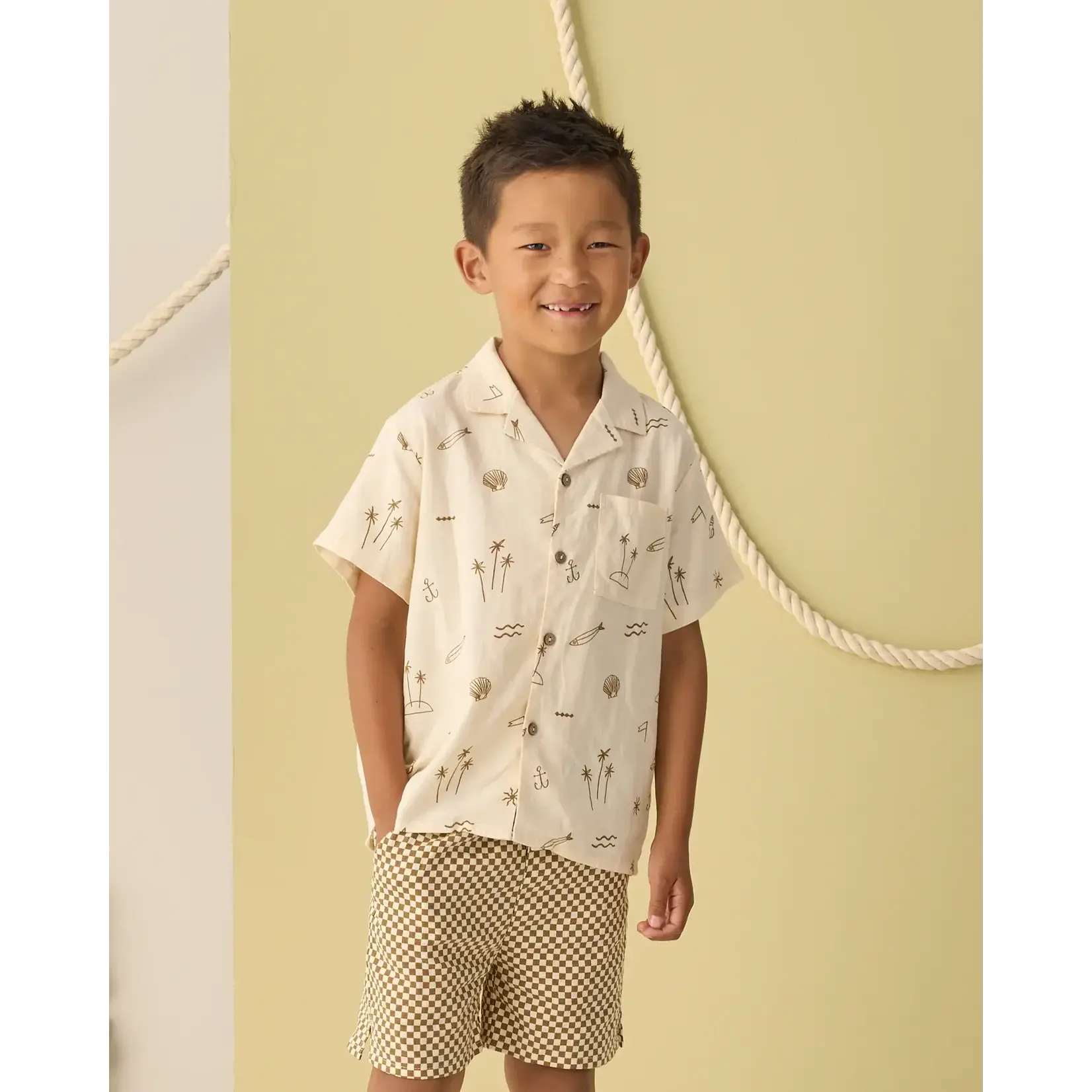 Rylee + Cru Rylee + Cru Natural Coastal Lapel Collar Shirt & Ocre Check Perry Short Set