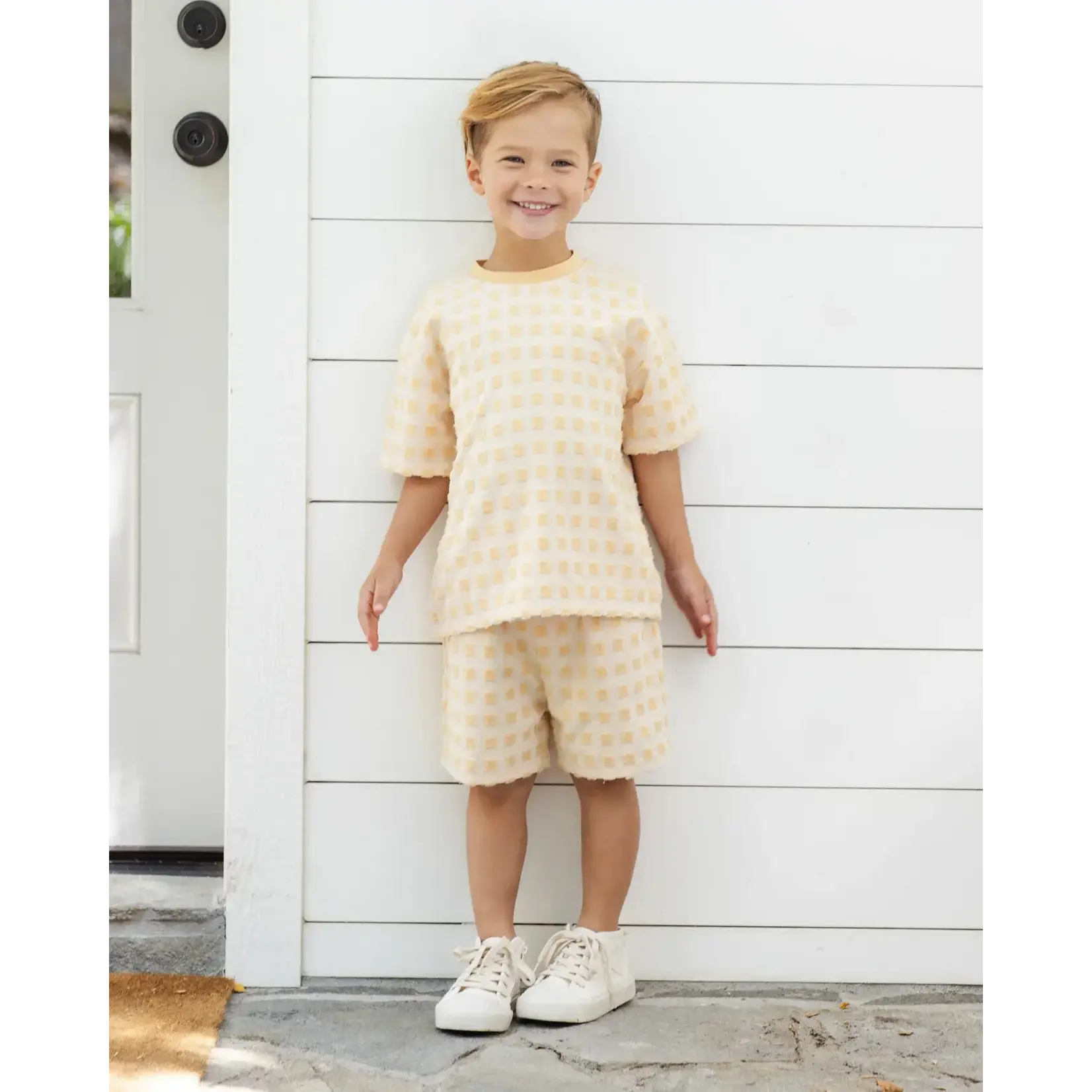 Rylee + Cru Rylee + Cru Butterscotch Grid Relaxed Tee And Terry Boys Short Set