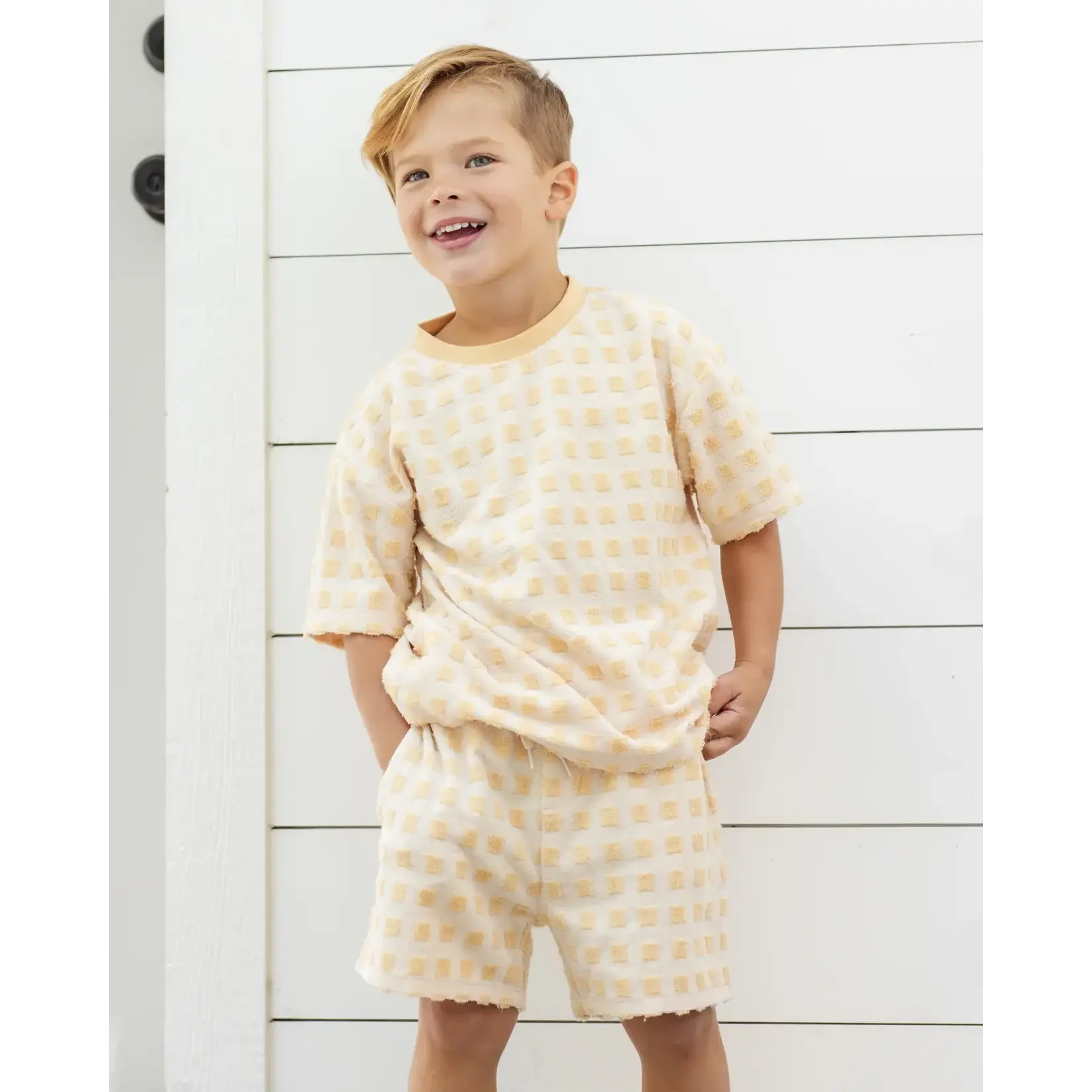 Rylee + Cru Rylee + Cru Butterscotch Grid Relaxed Tee And Terry Boys Short Set